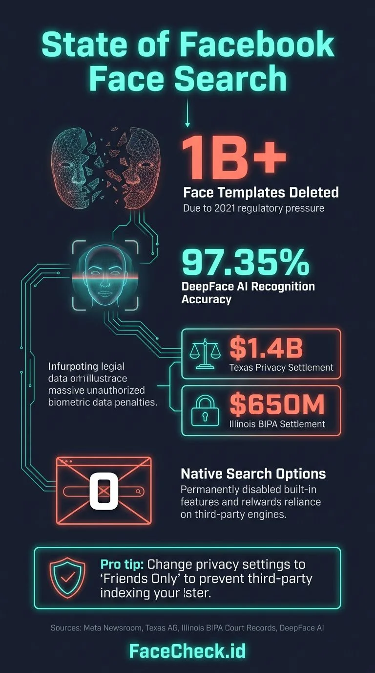 Infographic showing Facebook face search statistics and methods