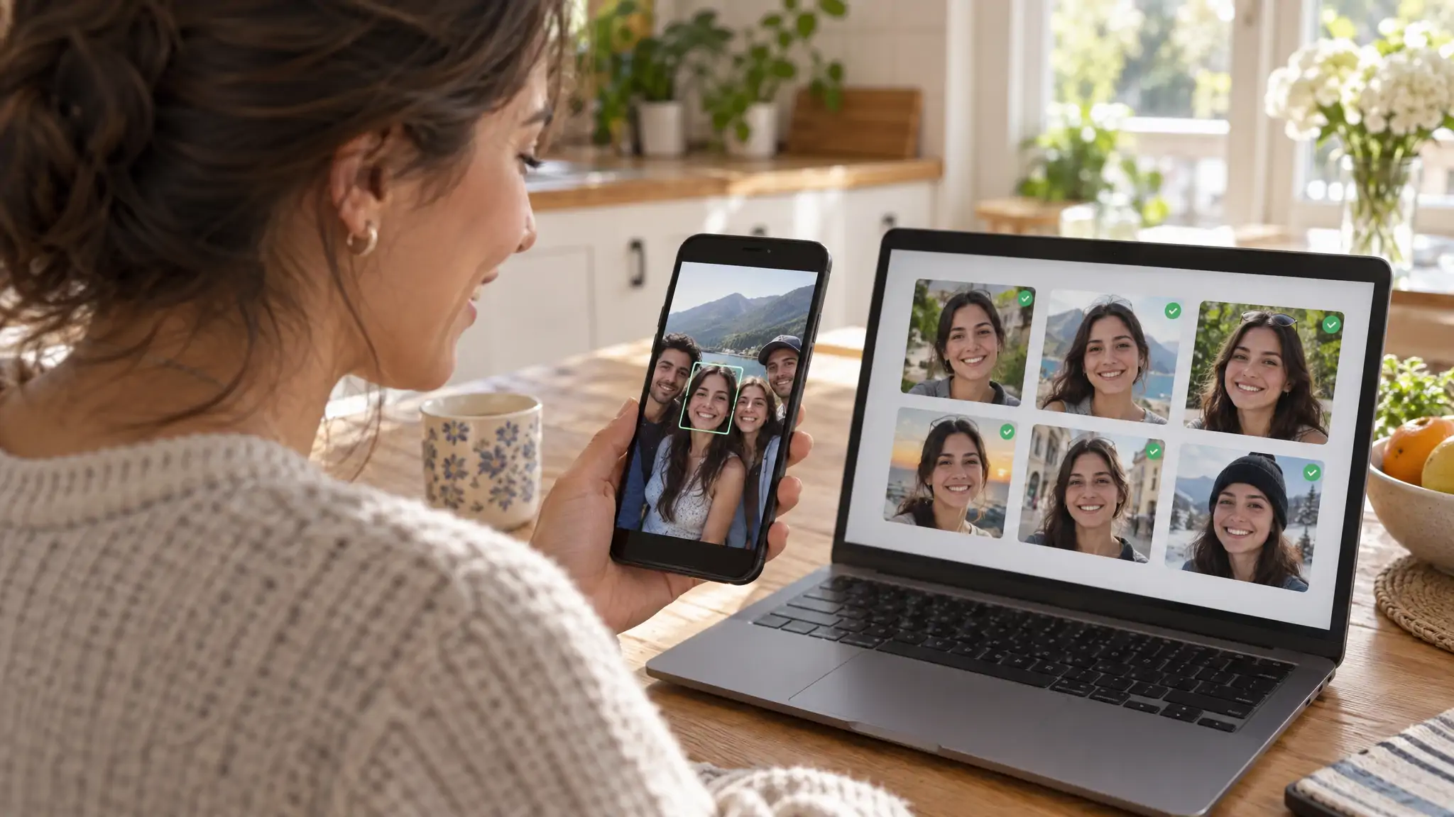 Donna che ritaglia sul telefono una foto di gruppo lasciando un solo volto nitido, con una griglia di risultati corrispondenti della ricerca facciale sul portatile