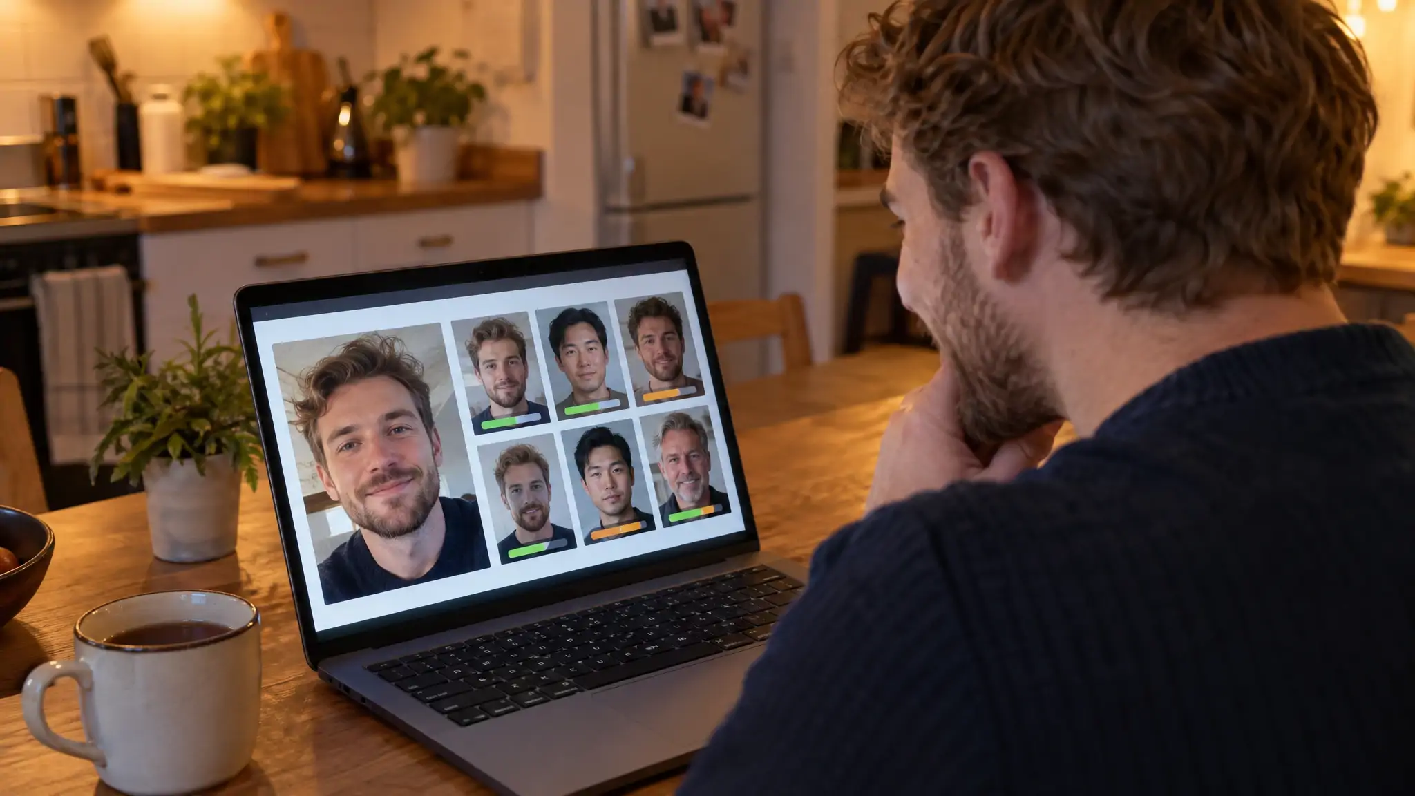 Uomo sulla trentina seduto al tavolo della cucina mentre confronta il proprio selfie con una griglia di volti somiglianti sul portatile, con lo schermo rivolto verso di lui e visto da sopra la sua spalla, nel tentativo di trovare online il proprio gemello