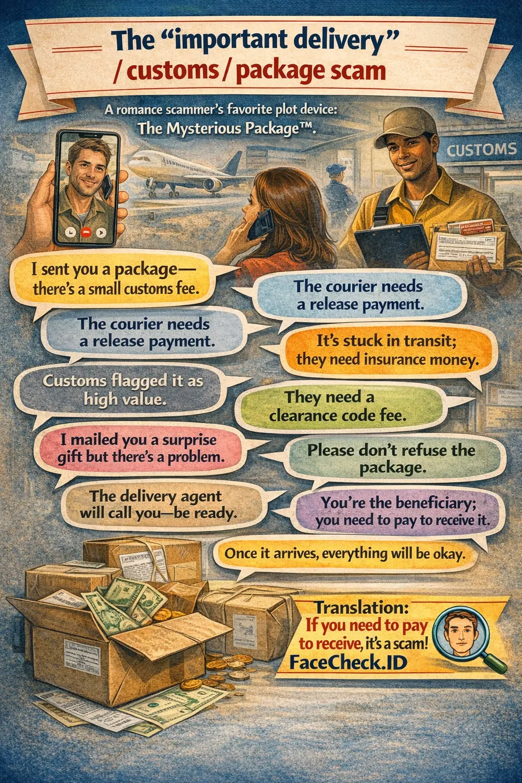 Infographic about “important delivery” customs and package scams demanding urgent payment
