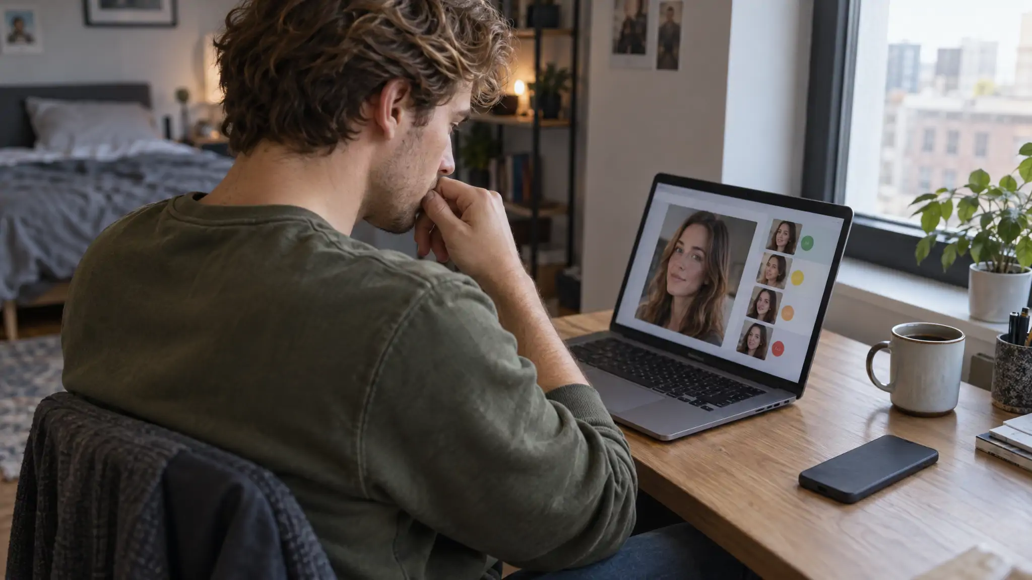 Man at a desk, laptop screen angled toward him, comparing a creator's profile photo against a column of matching face results