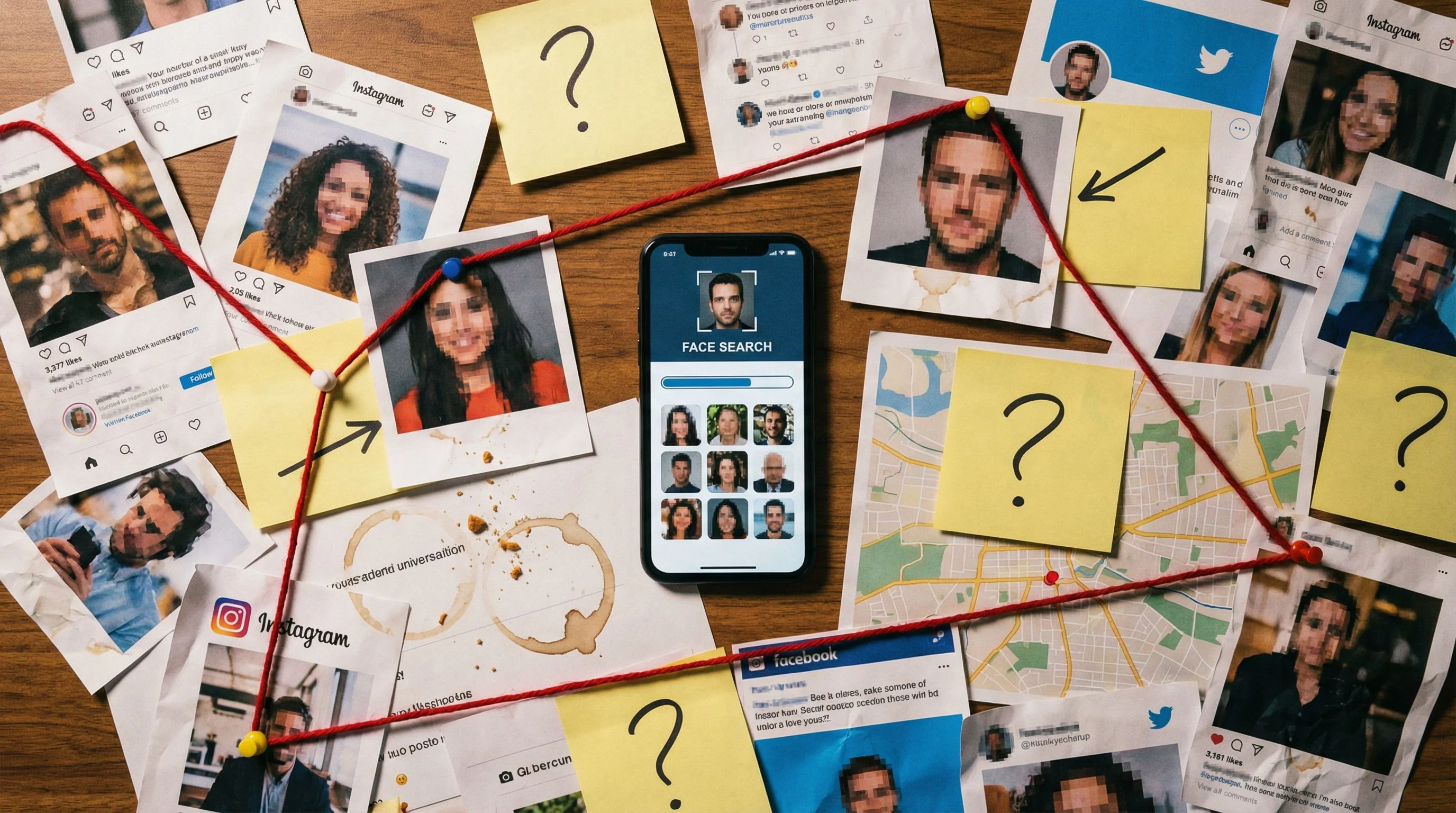 Someone scrolling through social media profiles on their phone late at night, trying to match a face