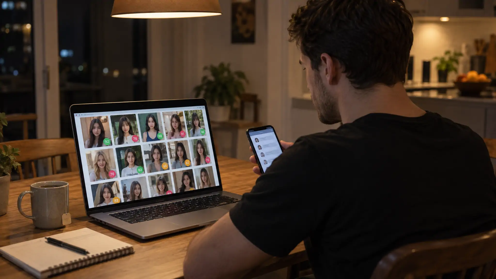 Man at a kitchen table at night comparing face search results on his laptop with a link-in-bio page on his phone, working out how to find someone on OnlyFans