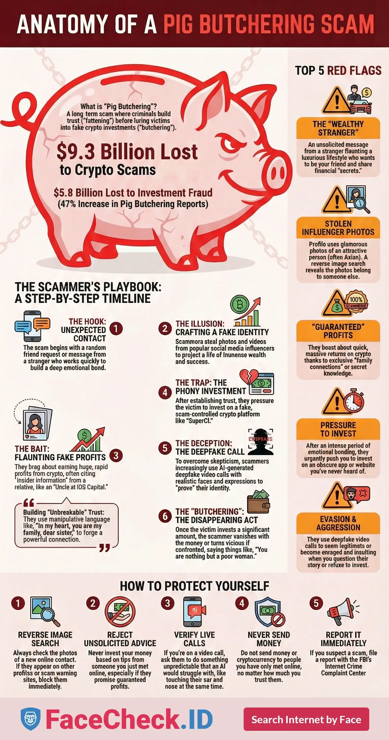 Pig butchering scam red flags infographic 2026: Stylized red pig silhouette filled with key scam statistics like $9.3 billion lost, warning signs including deepfakes and stolen photos, and protection tips to avoid cryptocurrency investment fraud