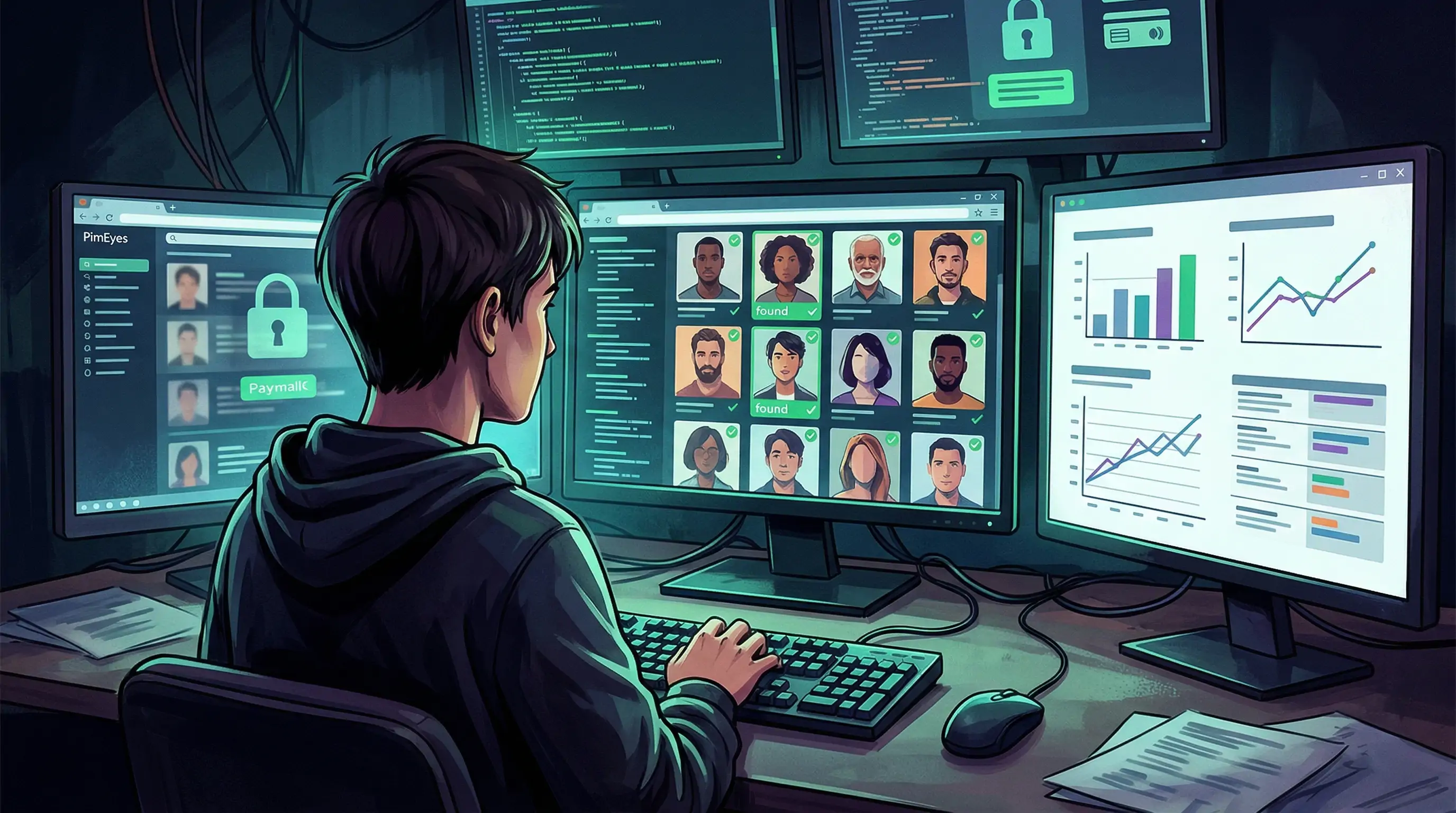 Person comparing face search results on a laptop screen late at night, dimly lit room with coffee cup nearby