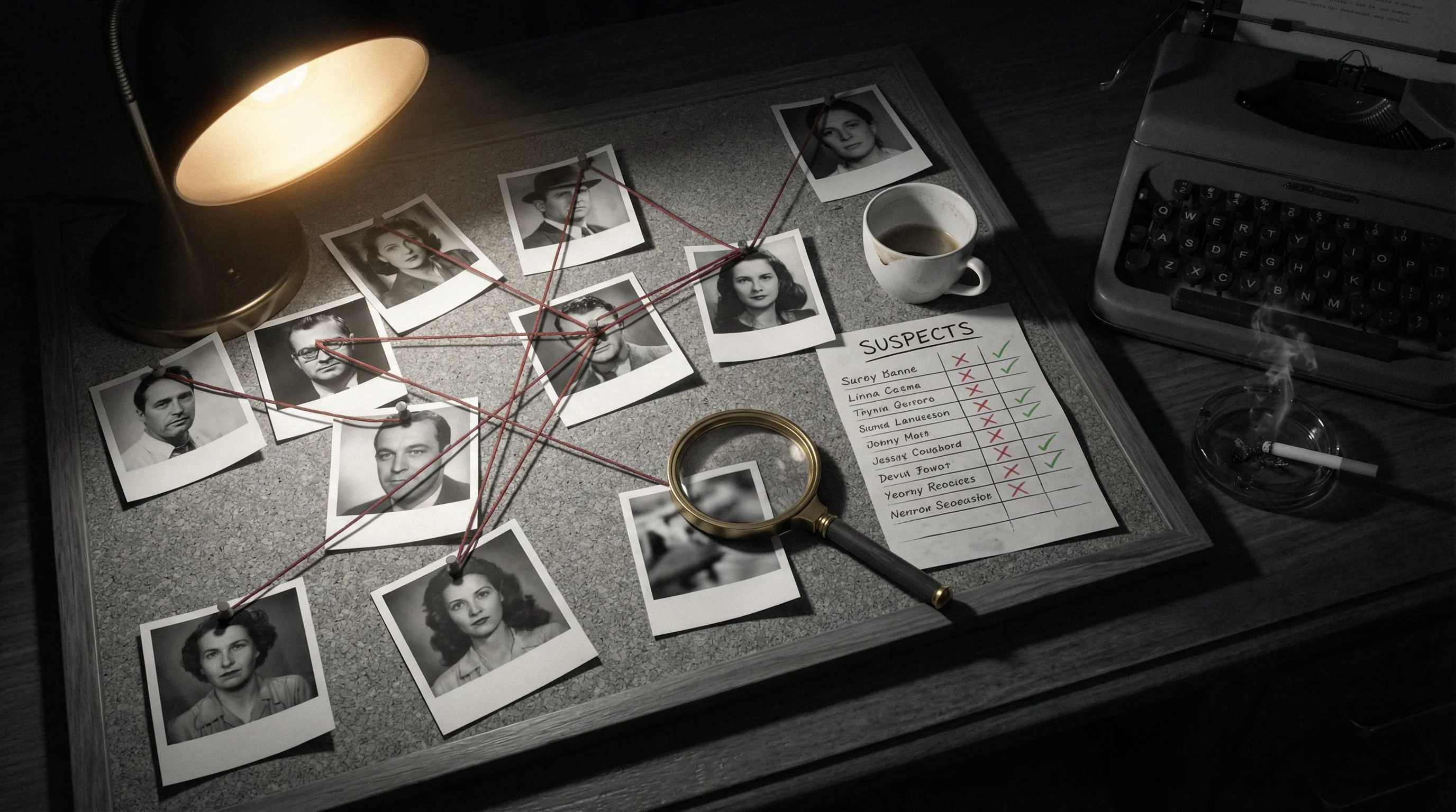 Evidence board with printed test photos pinned to corkboard, colored scores written on sticky notes, red markers on failed tests