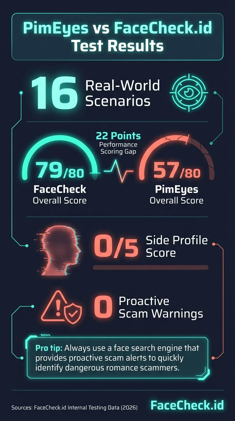 Infographic showing the 16-test face search comparison results between FaceCheck.id and PimEyes