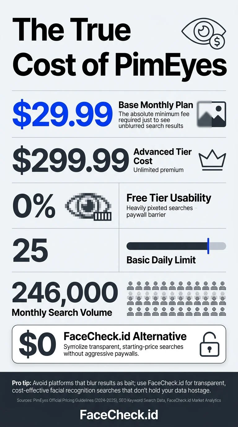 Infographic showing face search engine pricing comparison and accuracy statistics