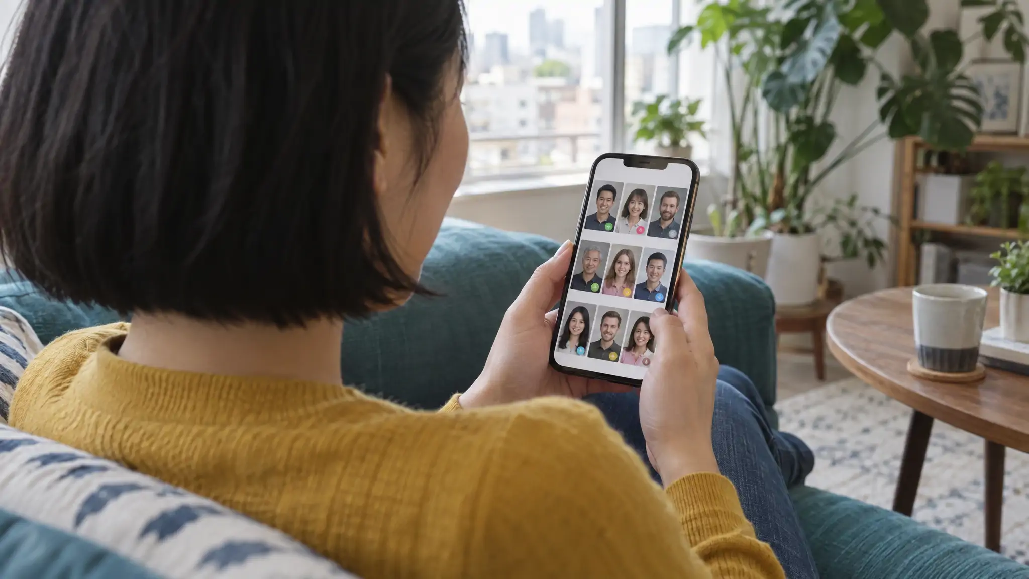 Kanepede telefonuna bakan ve omzunun üzerinden görülen kadın; ekranda fotoğrafla sosyal medyada birini bulmak için yapılan aramadan yüz küçük resimleri tablosu