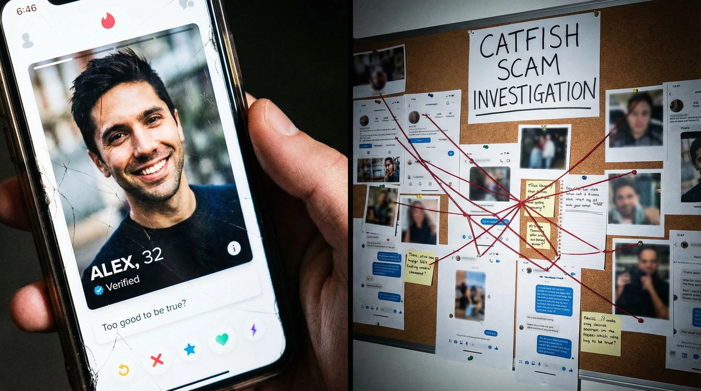 A person sitting at a desk late at night, laptop screen glowing on their face, comparing two photos side by side with a skeptical expression