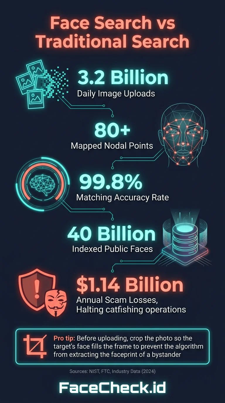 Infographic showing how reverse face search compares across different tools and platforms