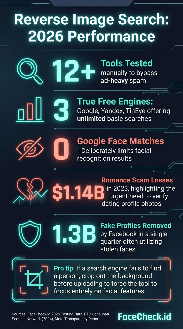 An infographic showing statistics about reverse image search accuracy and usage patterns across different tools