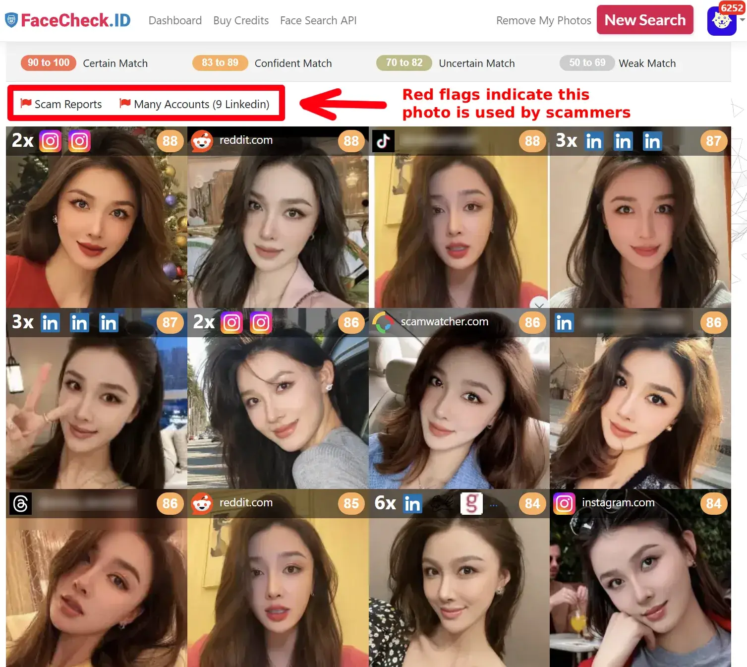 reverse image search results with red flags indicate that the images are used by scammers