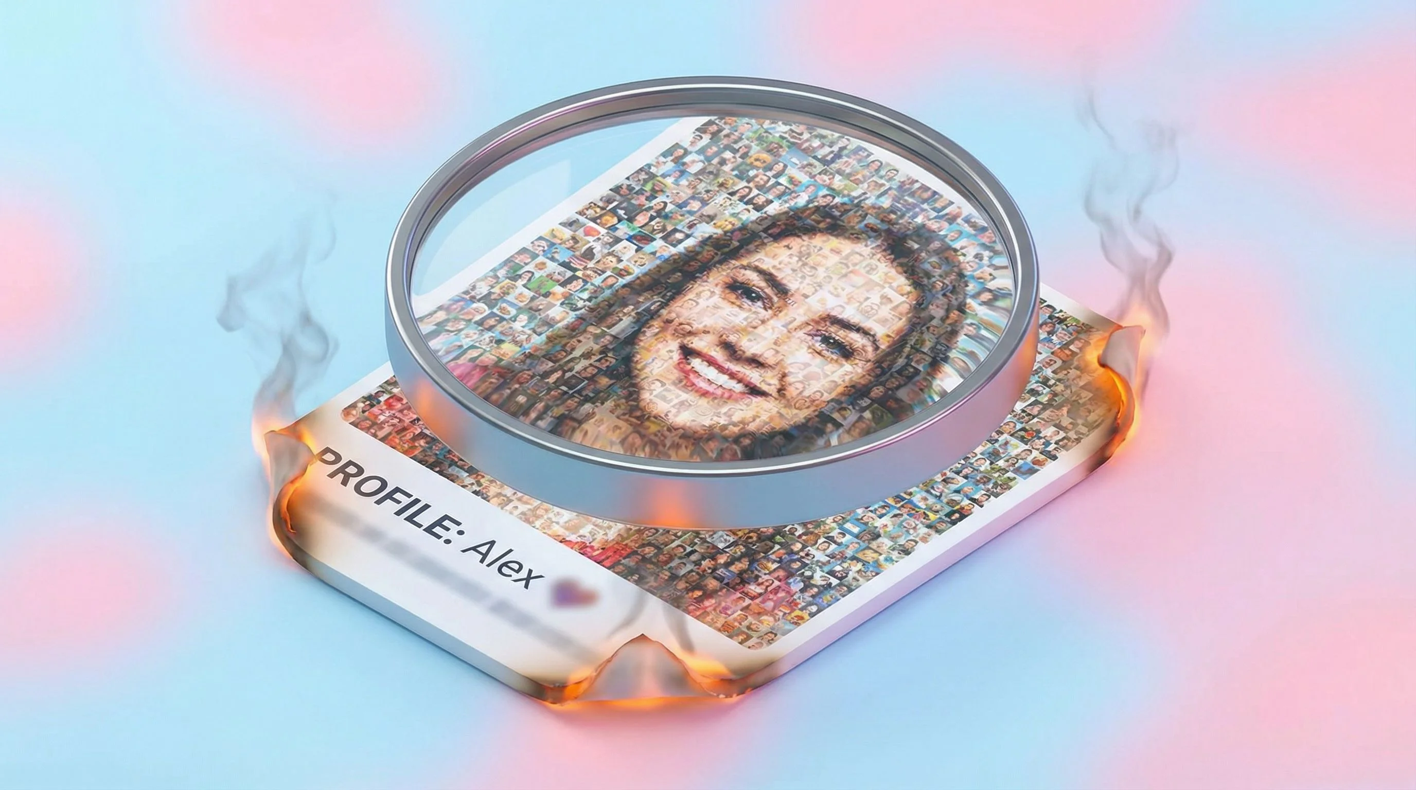 Une personne comparant la photo d’un profil sur une application de rencontres aux résultats de recherche affichés sur son ordinateur portable, assise à une table de cuisine avec une tasse de café et un téléphone à proximité