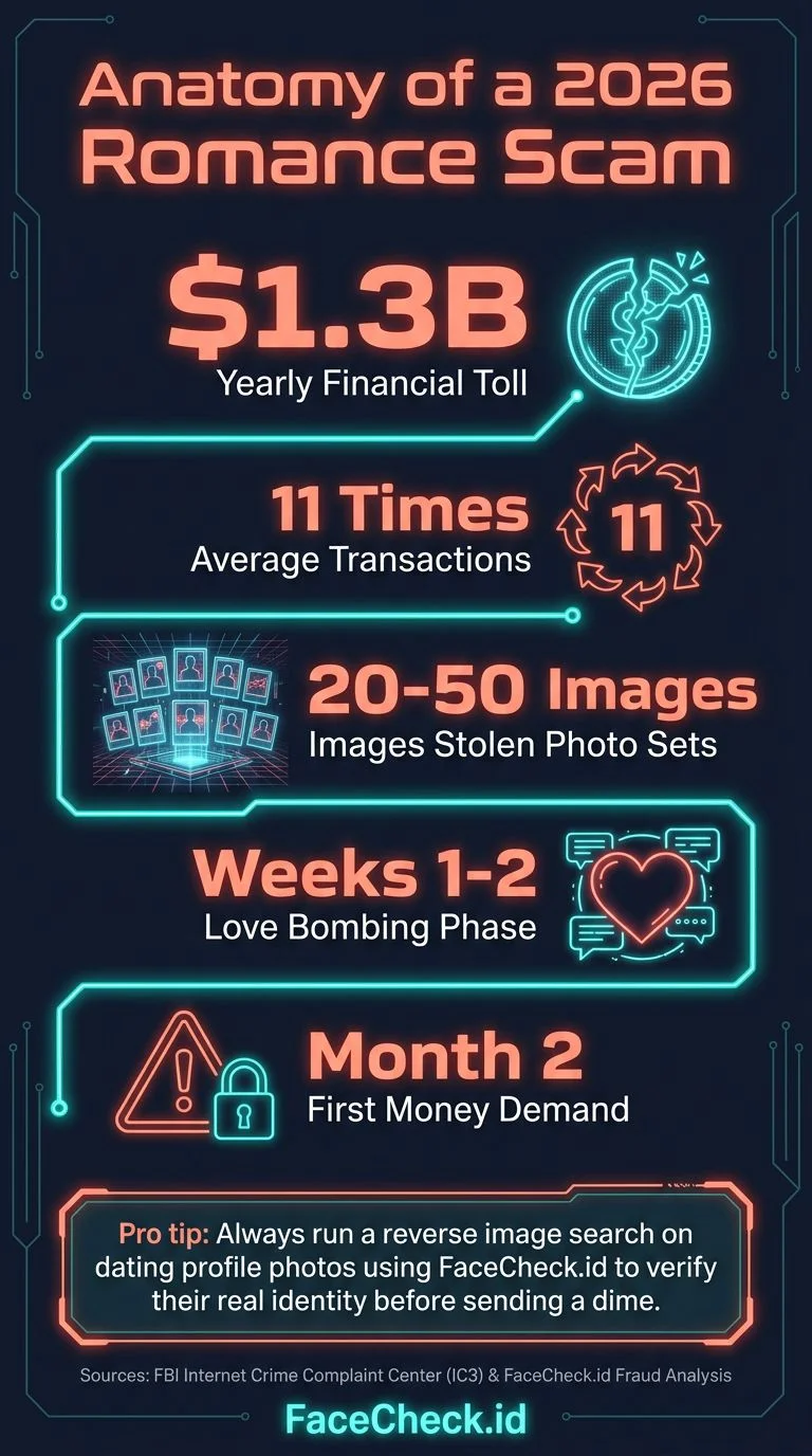 Infographie présentant des statistiques et des signaux d’alerte liés aux arnaques sentimentales