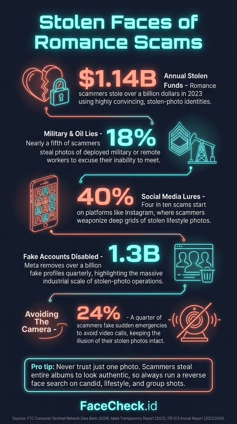 Infographic about romance scammer photo statistics and red flags