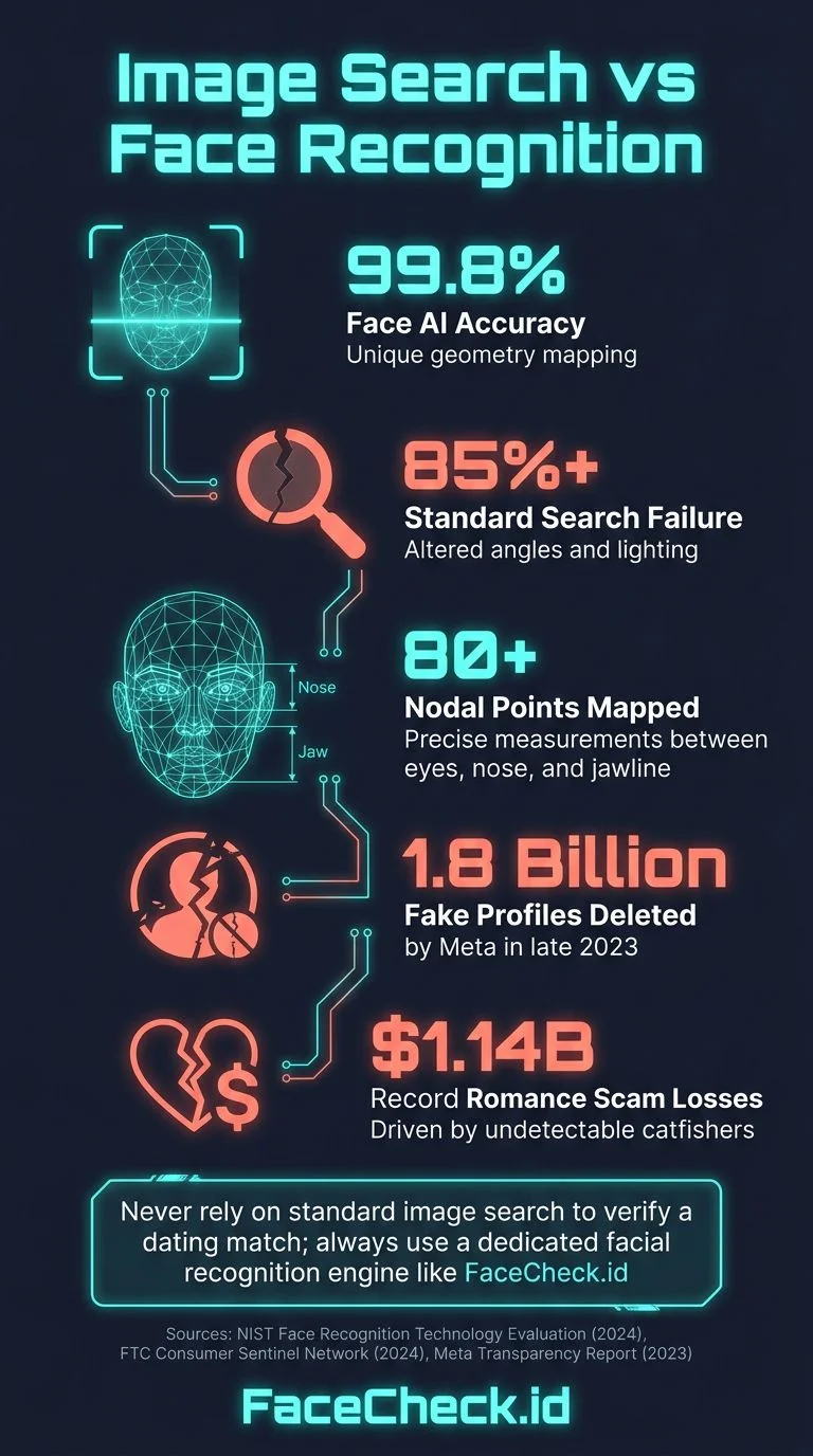 Infographic showing online identity fraud statistics and face search accuracy data
