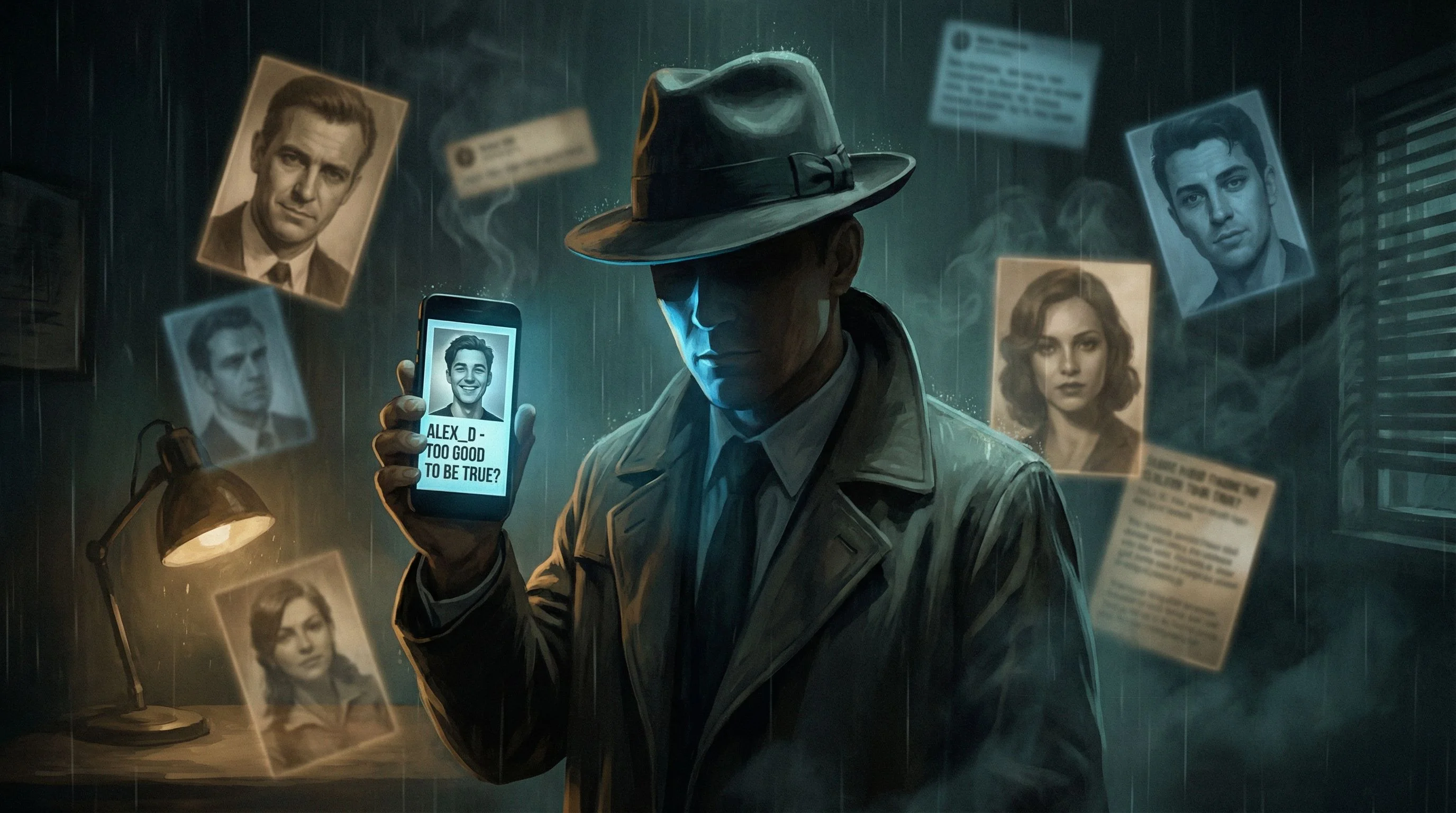 Person sitting on their couch late at night, phone in hand, skeptically examining a dating profile that seems too good to be true