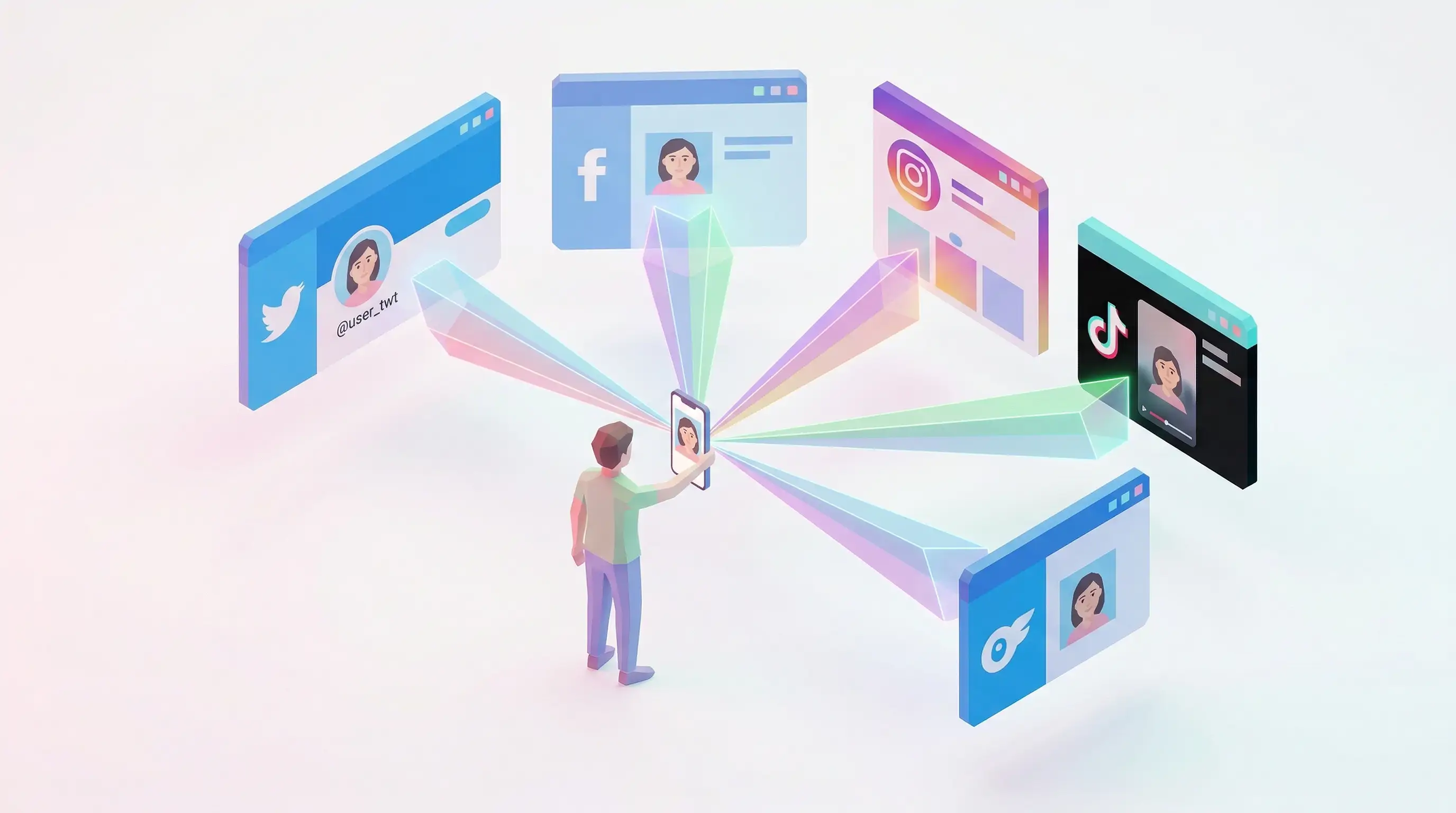 Someone looking at multiple social media profiles on their laptop screen, comparing a photo on their phone