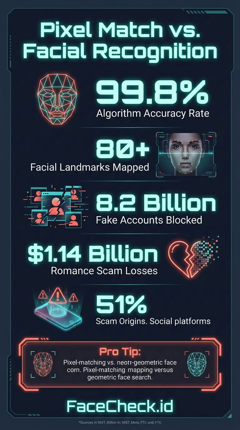 Infographic about social media lookup statistics and face search accuracy
