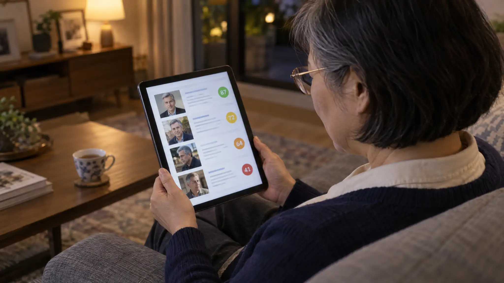Donna asiatica sulla sessantina seduta su un divano mentre esamina sul tablet le corrispondenze con punteggio della ricerca facciale relativa alla foto di una persona conosciuta su un'app di incontri