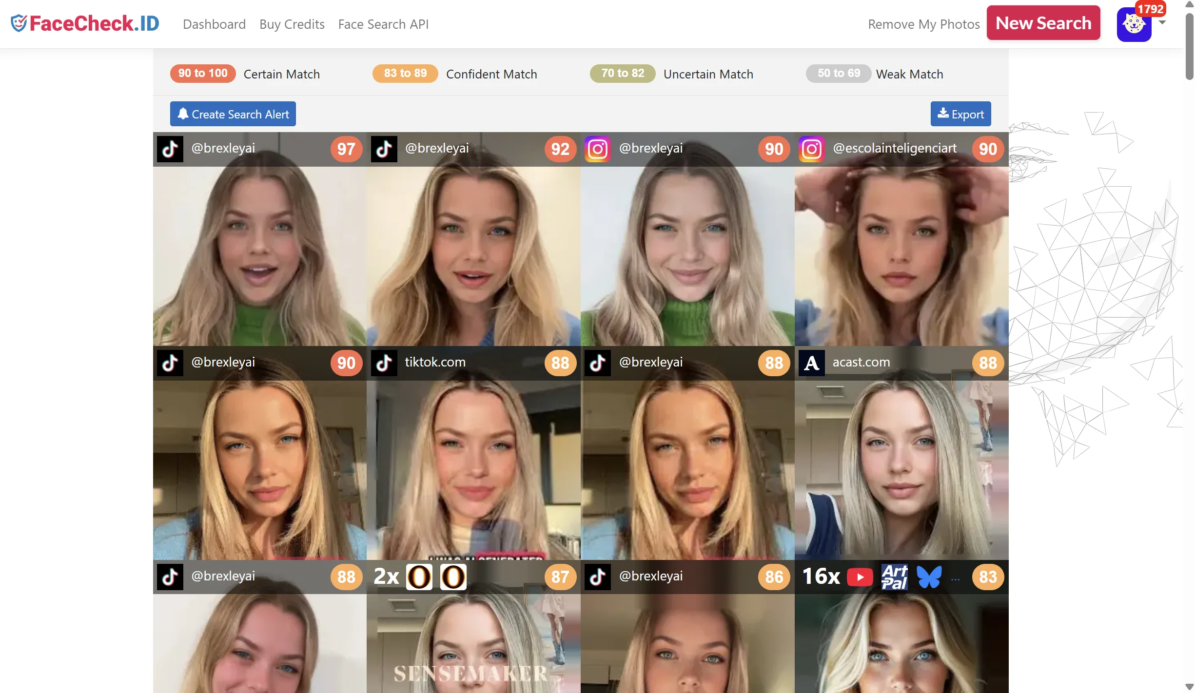 FaceCheck.ID results for a TikTok creator's face: matching thumbnails from TikTok and Instagram scored 83 to 97, each tile showing the platform icon and @username