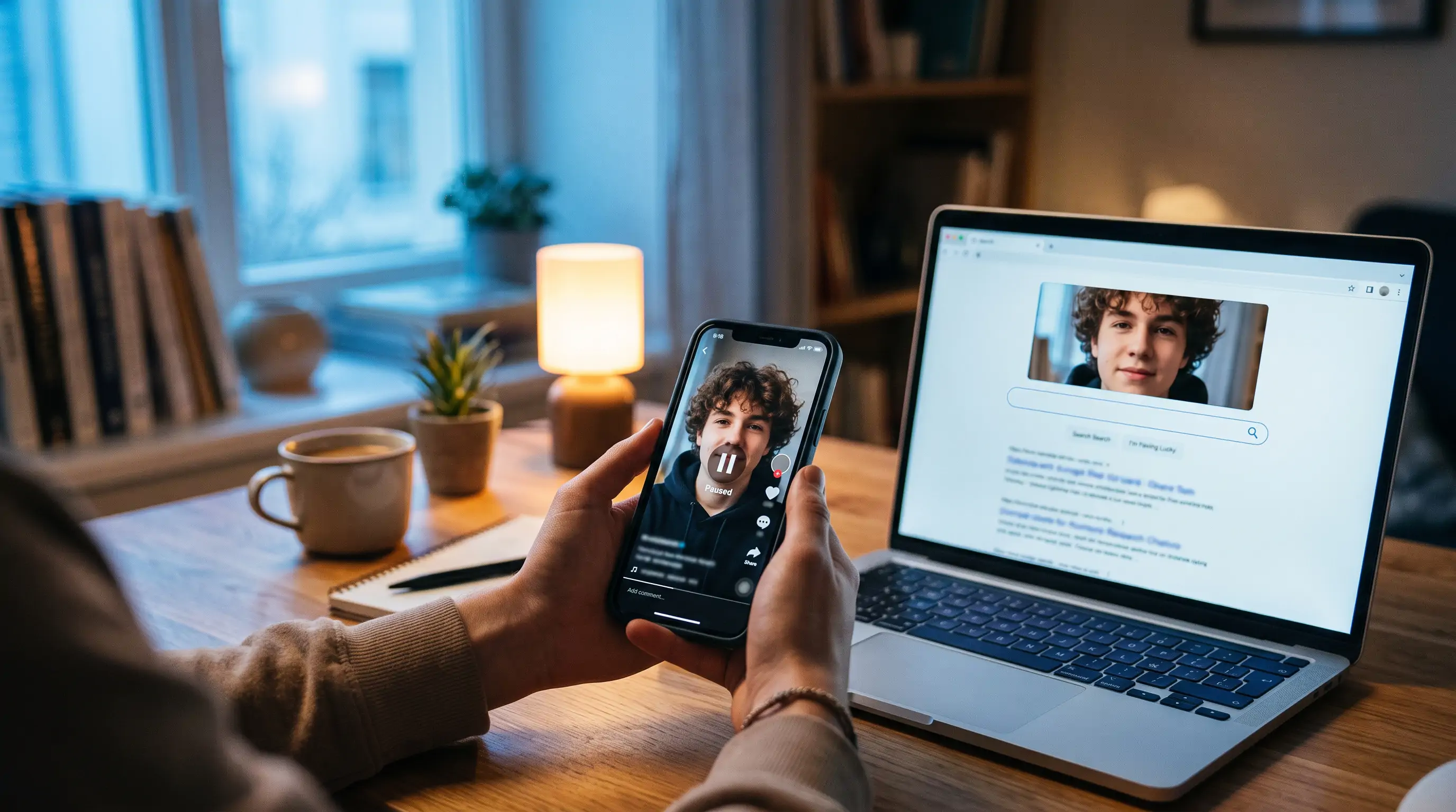 Person holding a phone with a paused TikTok video, comparing the face on screen with a photo on a laptop