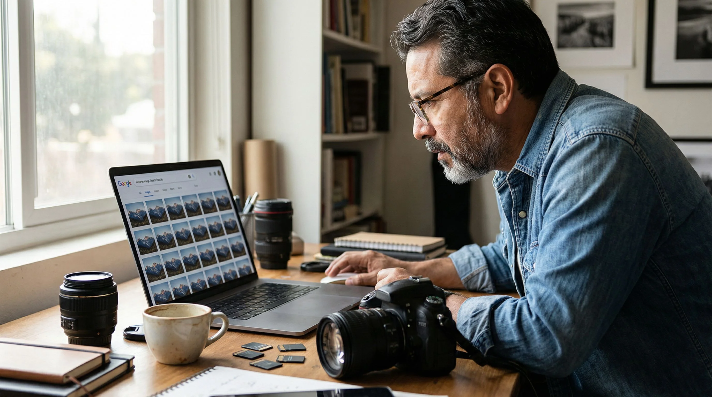 Reverse image search concept showing digital photo matching across the internet