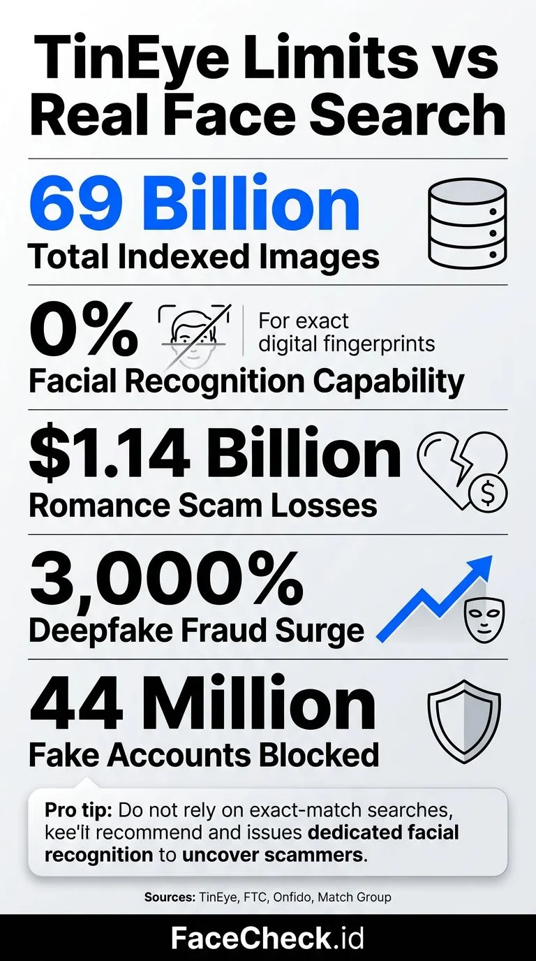 Infographic comparing reverse image search technology versus facial recognition search accuracy