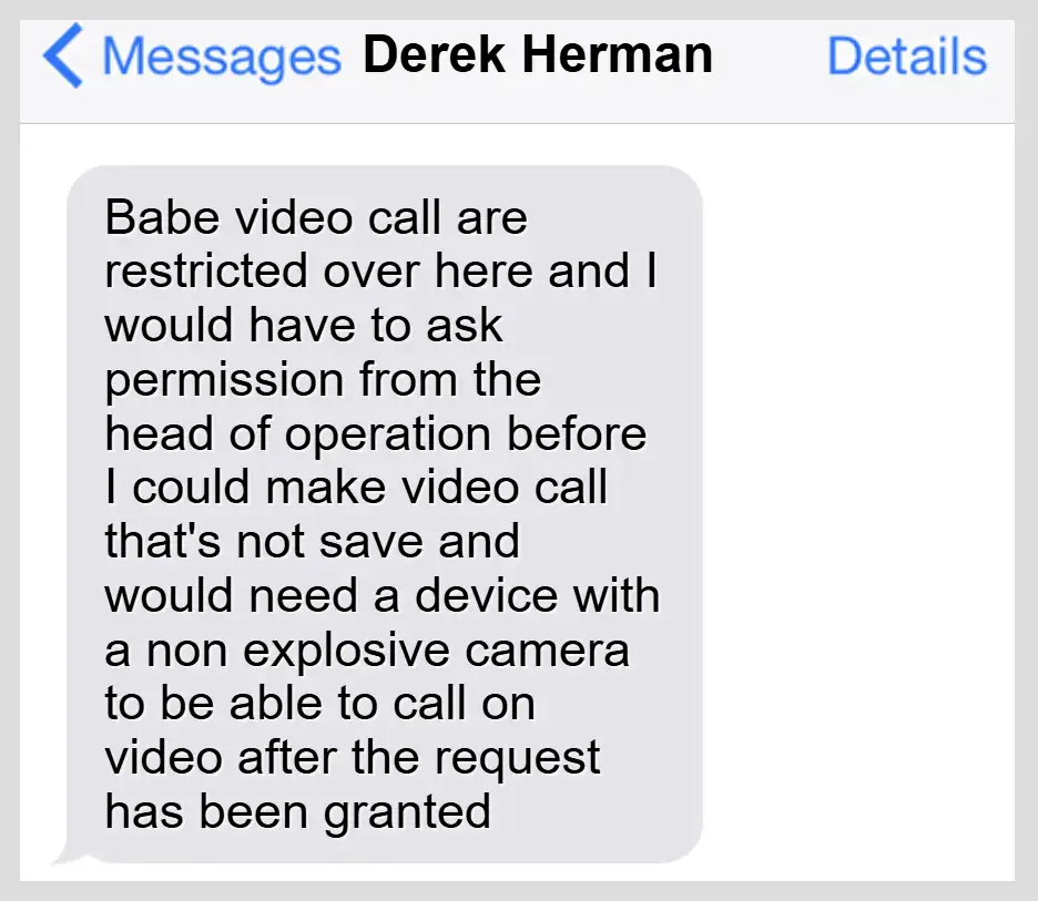 video calls text message from Derek Herman