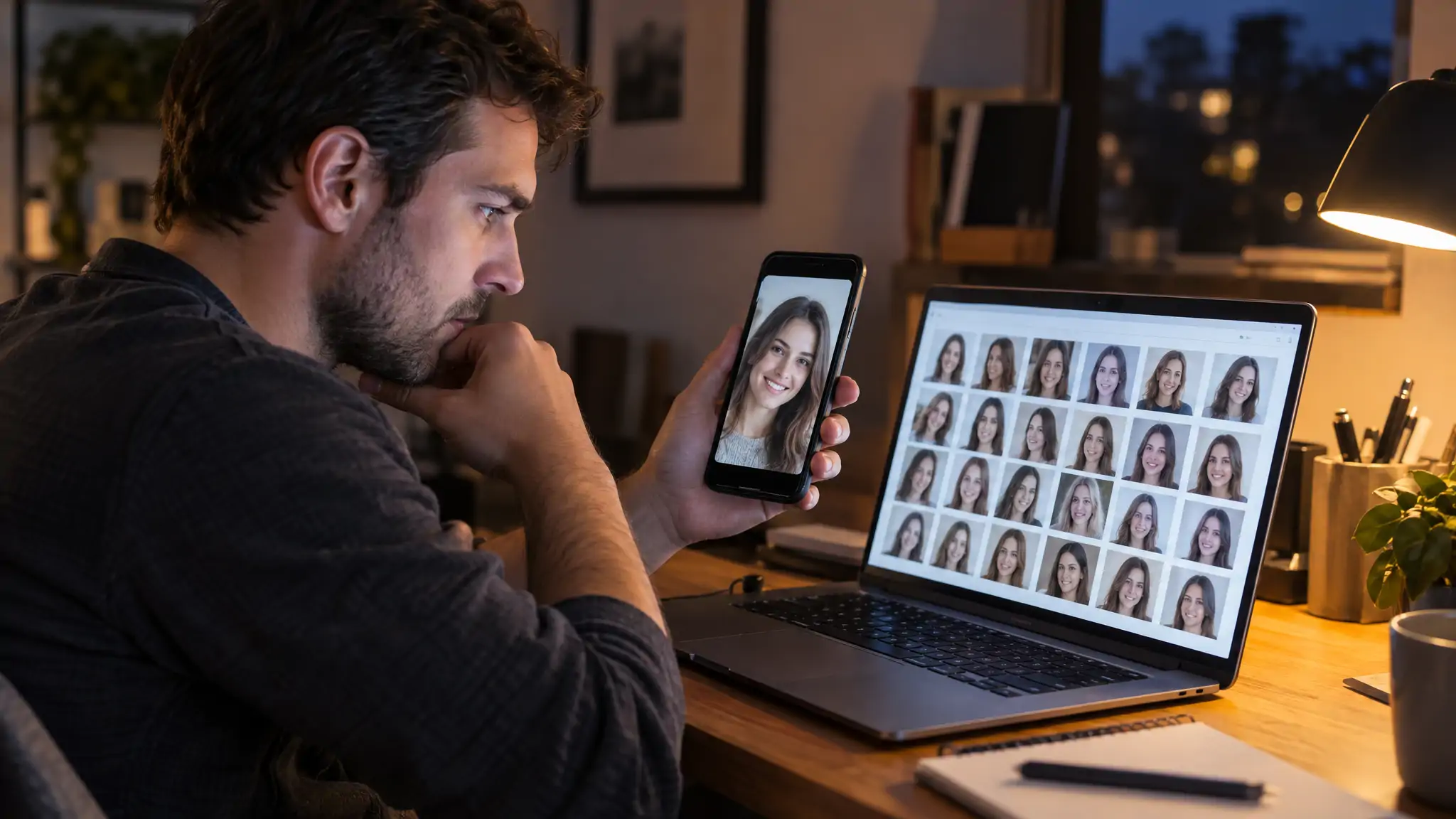 Hombre comparando en su teléfono la foto de una mujer con una cuadrícula de retratos de aspecto similar en un portátil, obtenidos mediante una búsqueda inversa de imágenes en Yandex