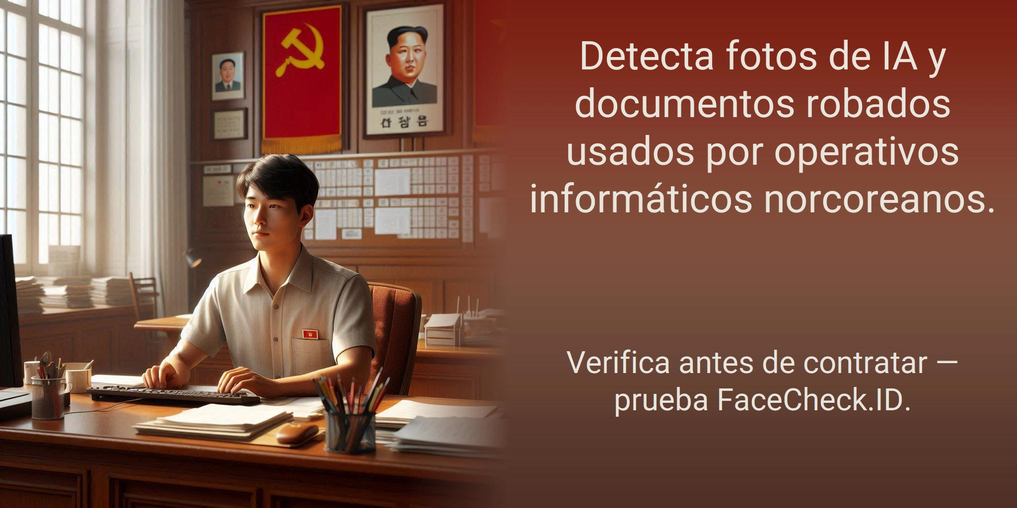 Detecta fotos de IA y documentos robados usados por operativos informáticos norcoreanos. Verifica antes de contratar — prueba FaceCheck.ID.