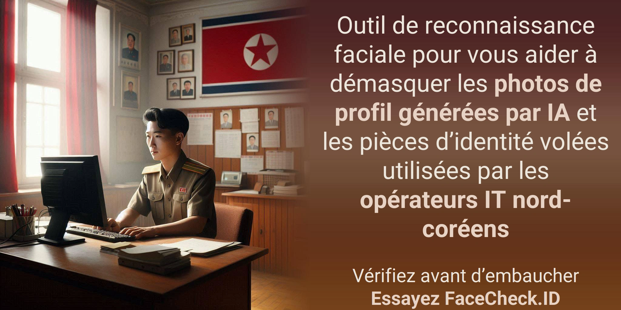 Outil de reconnaissance faciale pour vous aider à démasquer les photos de profil générées par IA et les pièces d’identité volées utilisées par les opérateurs IT nord-coréens Vérifiez avant d’embaucherEssayez FaceCheck.ID