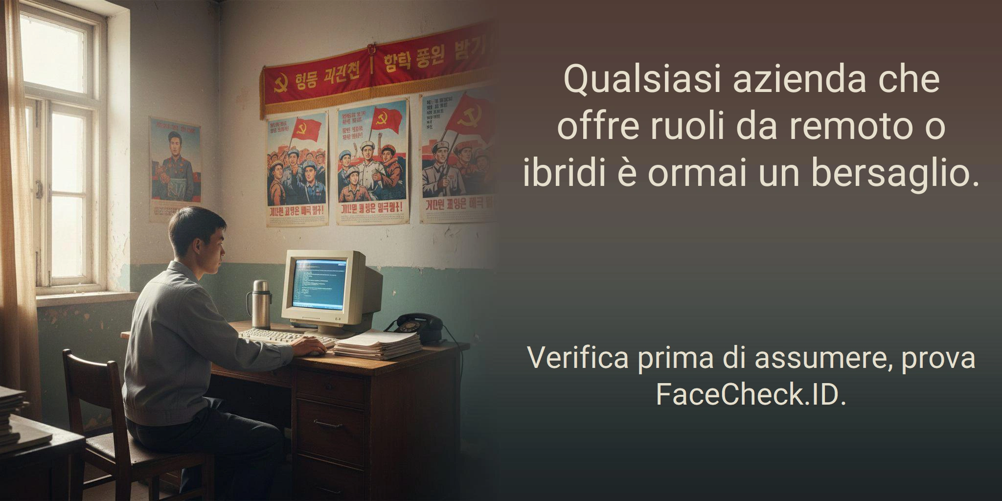 Qualsiasi azienda che offre ruoli da remoto o ibridi è ormai un bersaglio. Verifica prima di assumere, prova FaceCheck.ID.
