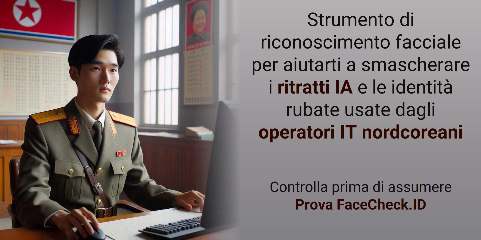 Strumento di riconoscimento facciale per aiutarti a smascherare i ritratti IA e le identità rubate usate dagli operatori IT nordcoreani Controlla prima di assumereProva FaceCheck.ID
