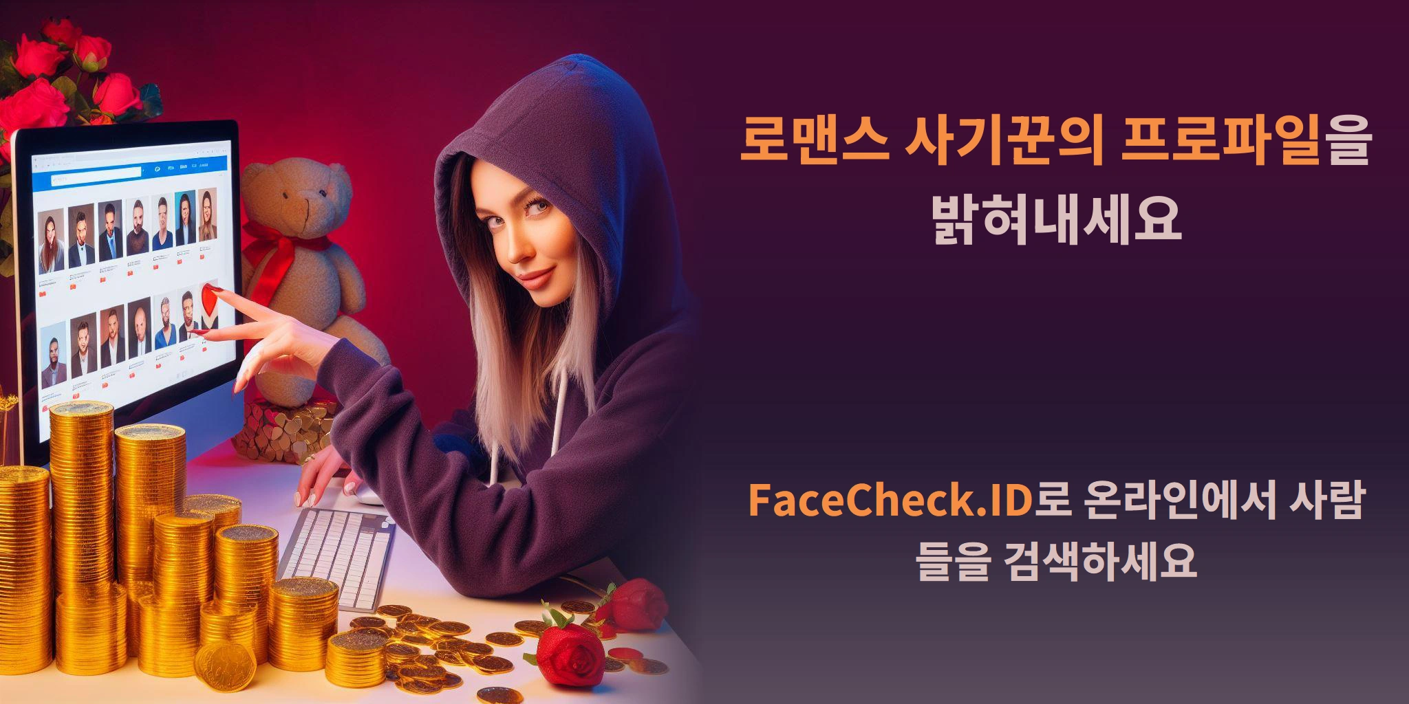 로맨스 사기꾼의 프로파일을 밝혀내세요 FaceCheck.ID로 온라인에서 사람들을 검색하세요
