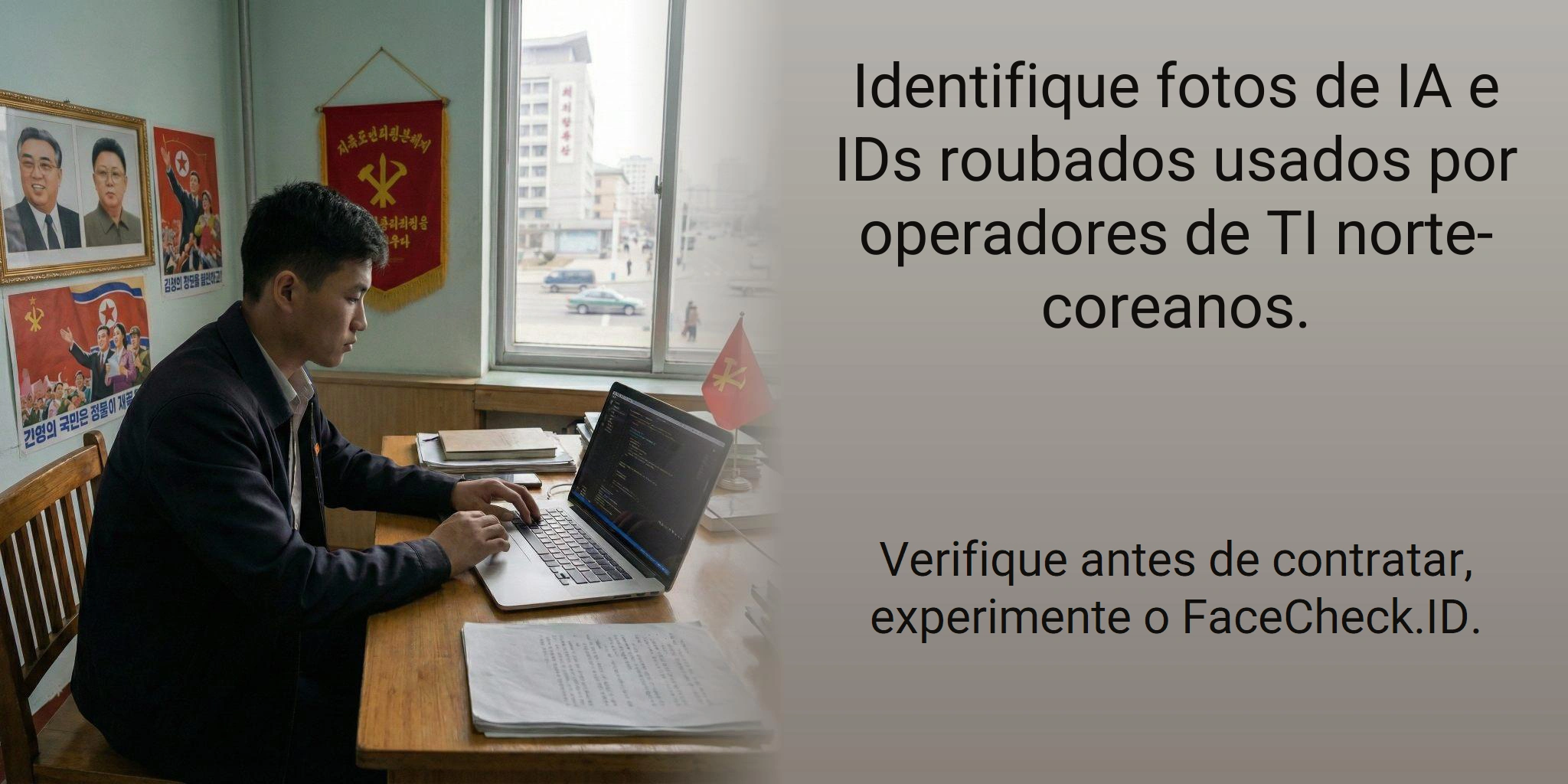 Identifique fotos de IA e IDs roubados usados por operadores de TI norte-coreanos. Verifique antes de contratar, experimente o FaceCheck.ID.