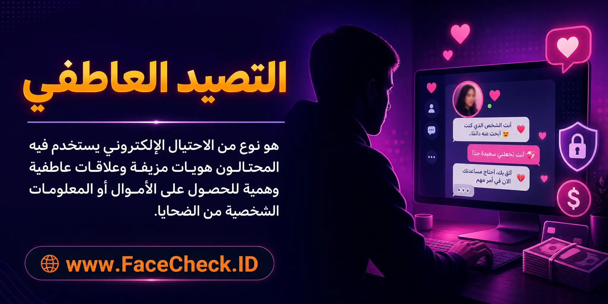 التصيد العاطفي هو نوع من الاحتيال الإلكتروني يستخدم فيه المحتالون هويات مزيفة وعلاقات عاطفية وهمية للحصول على الأموال أو المعلومات الشخصية من الضحايا.