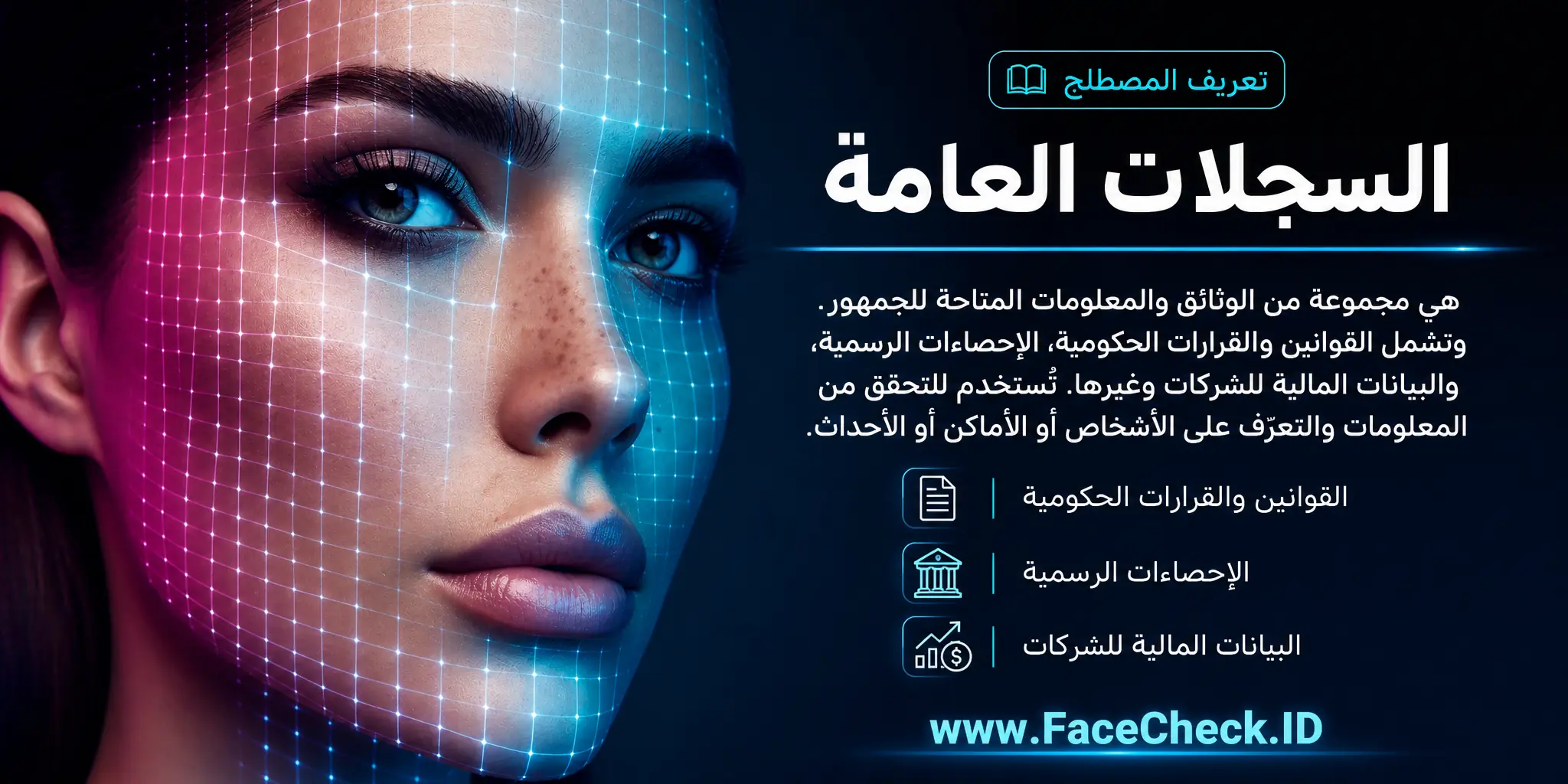 تعبر السجلات العامة عن مجموعة من الوثائق والمعلومات المتاحة للجمهور والتي تتضمن القوانين، القرارات الحكومية، الأرقام الإحصائية، والبيانات المالية للشركات، وغيرها، وتُستخدم في التحقق من المعلومات والتعرف على الأشخاص أو الأماكن أو الأحداث.