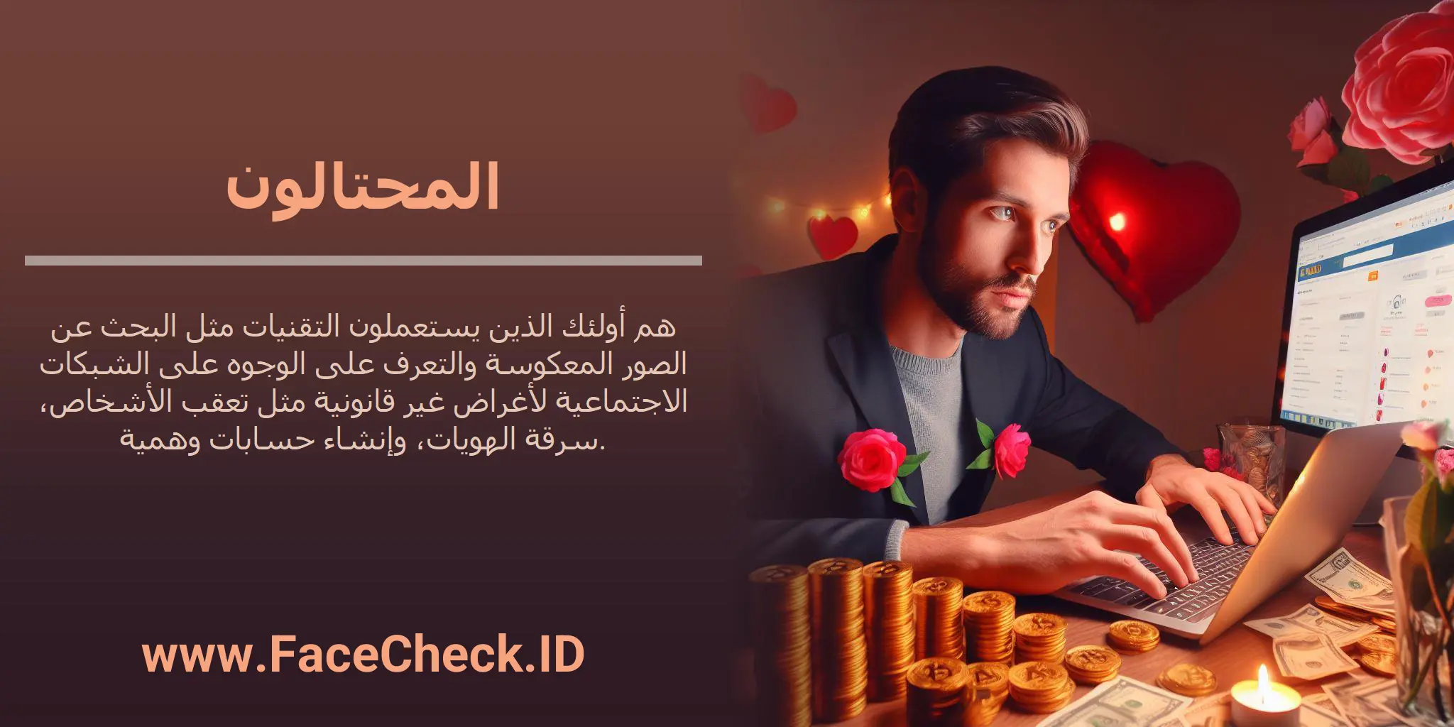المحتالون هم أولئك الذين يستعملون التقنيات مثل البحث عن الصور المعكوسة والتعرف على الوجوه على الشبكات الاجتماعية لأغراض غير قانونية مثل تعقب الأشخاص، سرقة الهويات، وإنشاء حسابات وهمية.