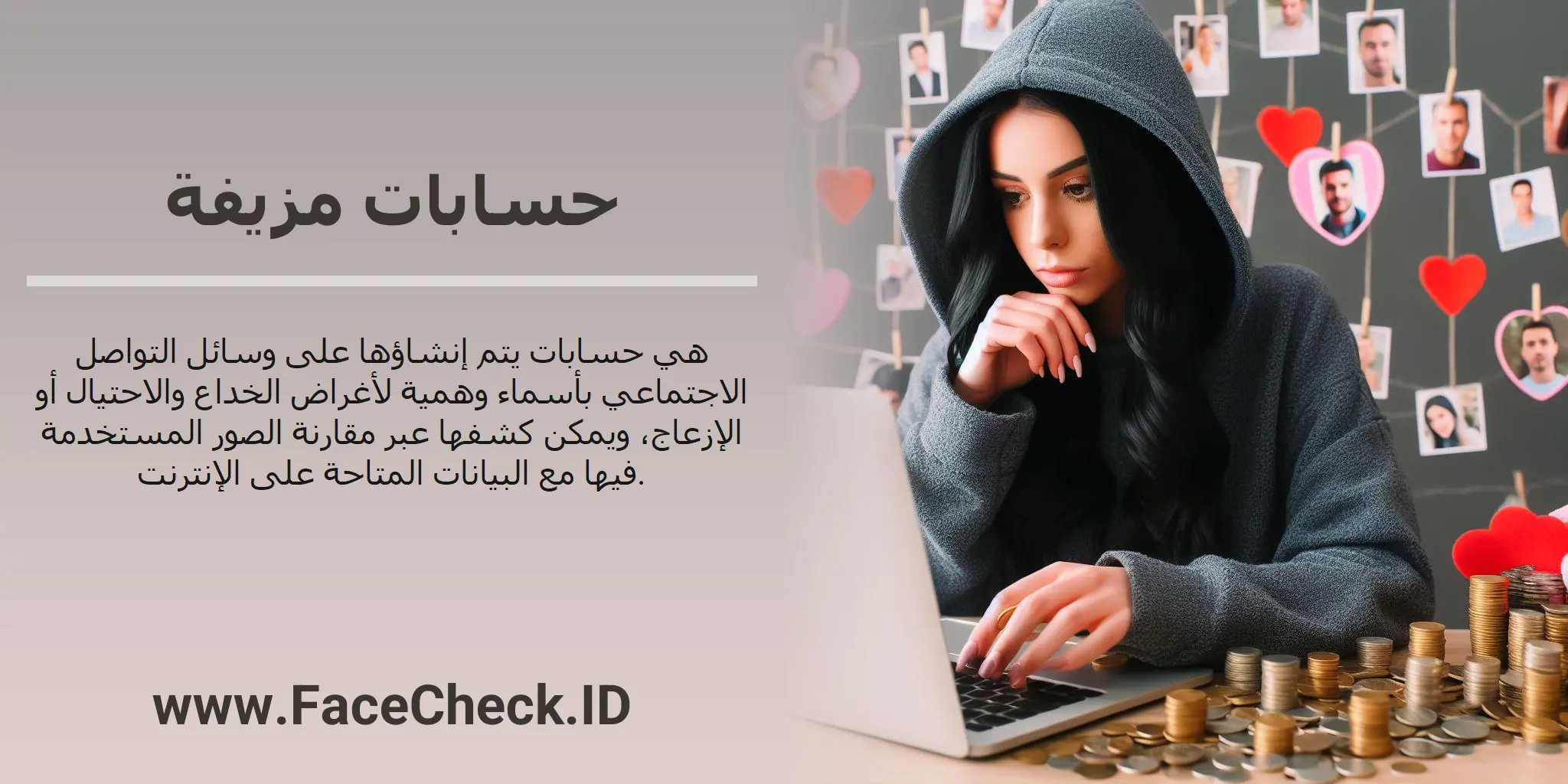 حسابات مزيفة هي حسابات يتم إنشاؤها على وسائل التواصل الاجتماعي بأسماء وهمية لأغراض الخداع والاحتيال أو الإزعاج، ويمكن كشفها عبر مقارنة الصور المستخدمة فيها مع البيانات المتاحة على الإنترنت.