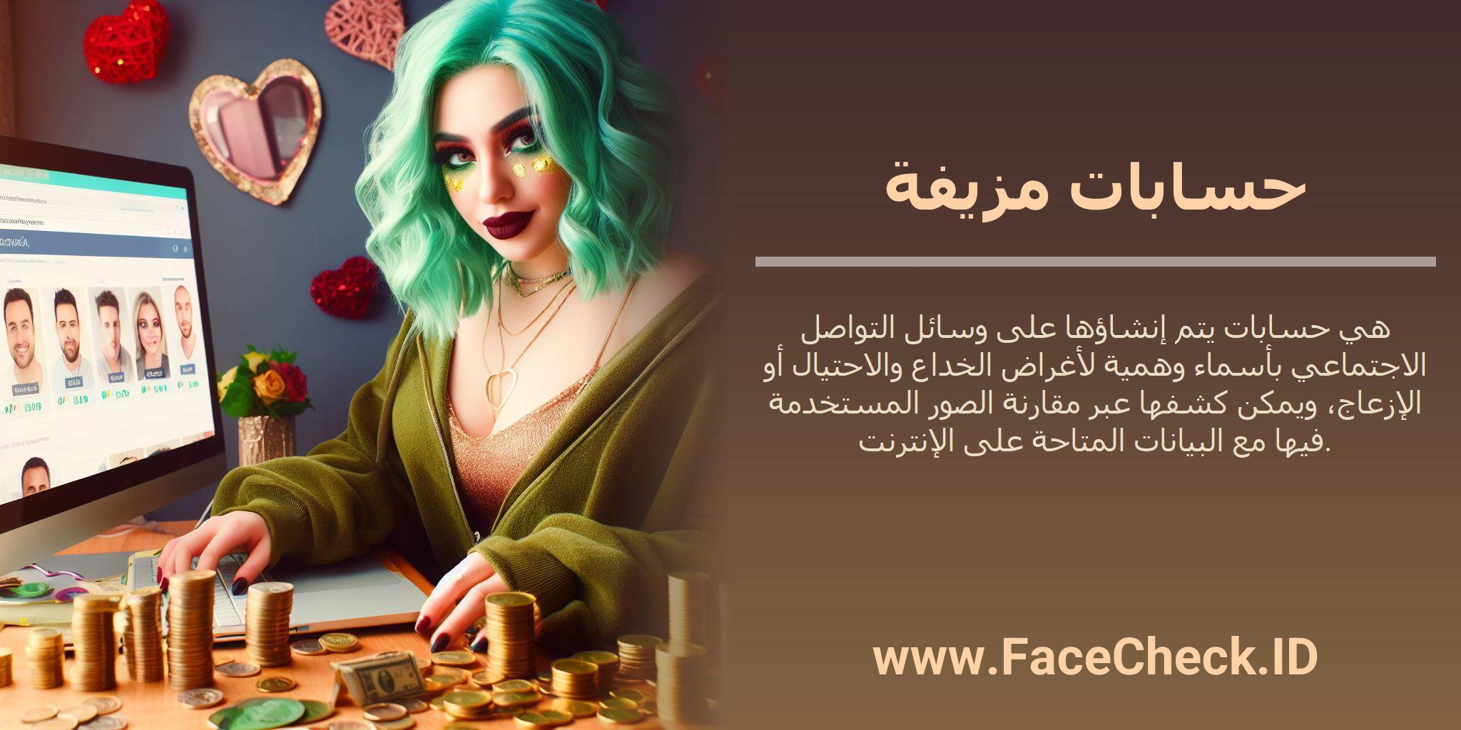 حسابات مزيفة هي حسابات يتم إنشاؤها على وسائل التواصل الاجتماعي بأسماء وهمية لأغراض الخداع والاحتيال أو الإزعاج، ويمكن كشفها عبر مقارنة الصور المستخدمة فيها مع البيانات المتاحة على الإنترنت.