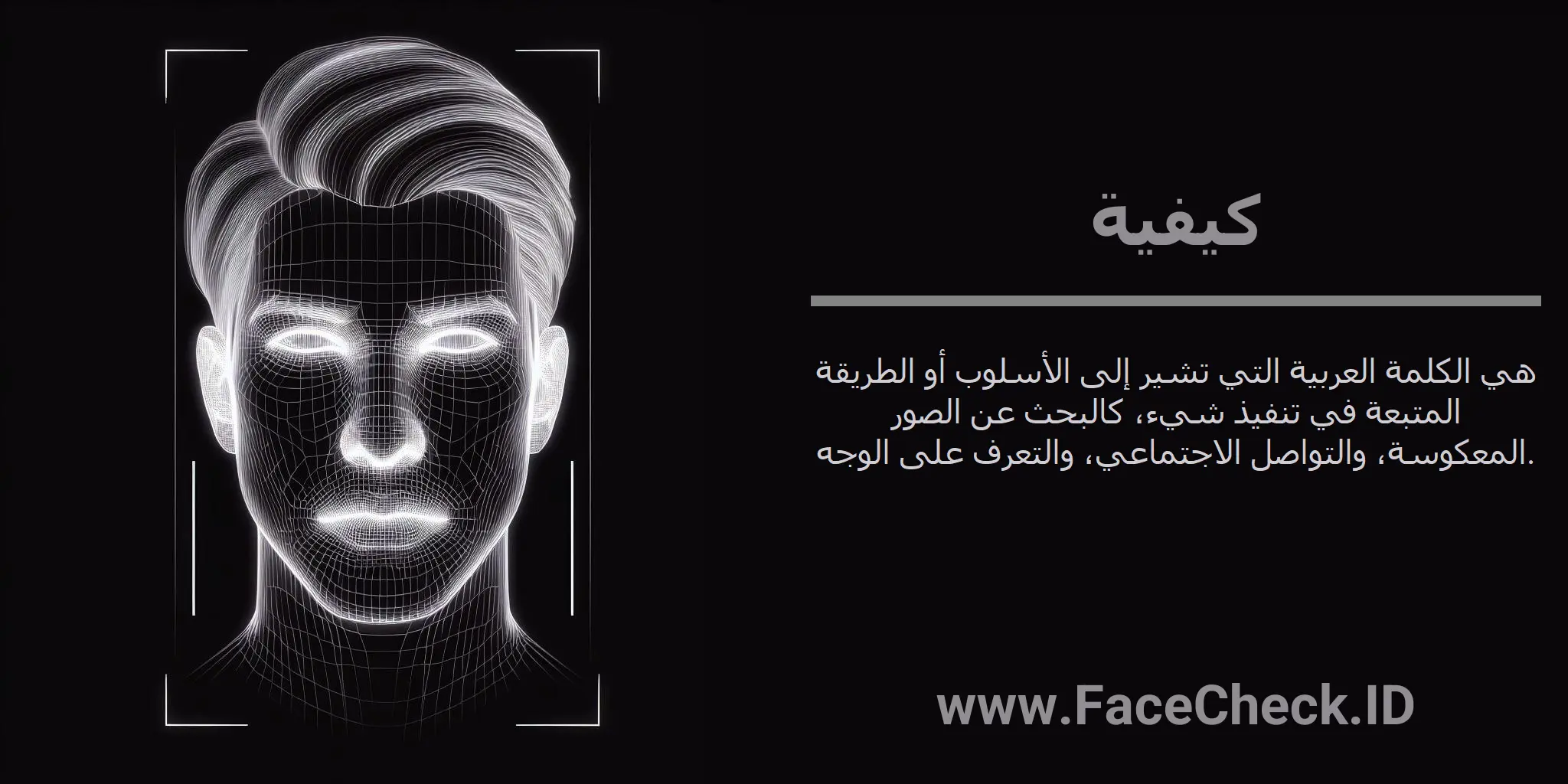 كيفية هي الكلمة العربية التي تشير إلى الأسلوب أو الطريقة المتبعة في تنفيذ شيء، كالبحث عن الصور المعكوسة، والتواصل الاجتماعي، والتعرف على الوجه.