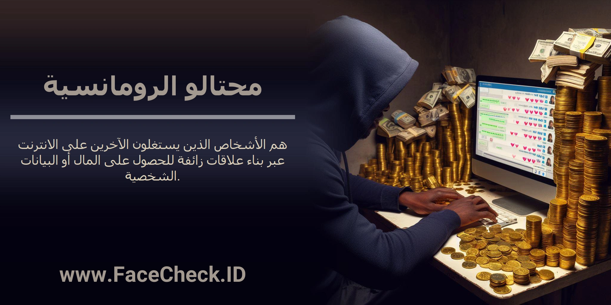 محتالو الرومانسية هم الأشخاص الذين يستغلون الآخرين على الانترنت عبر بناء علاقات زائفة للحصول على المال أو البيانات الشخصية.