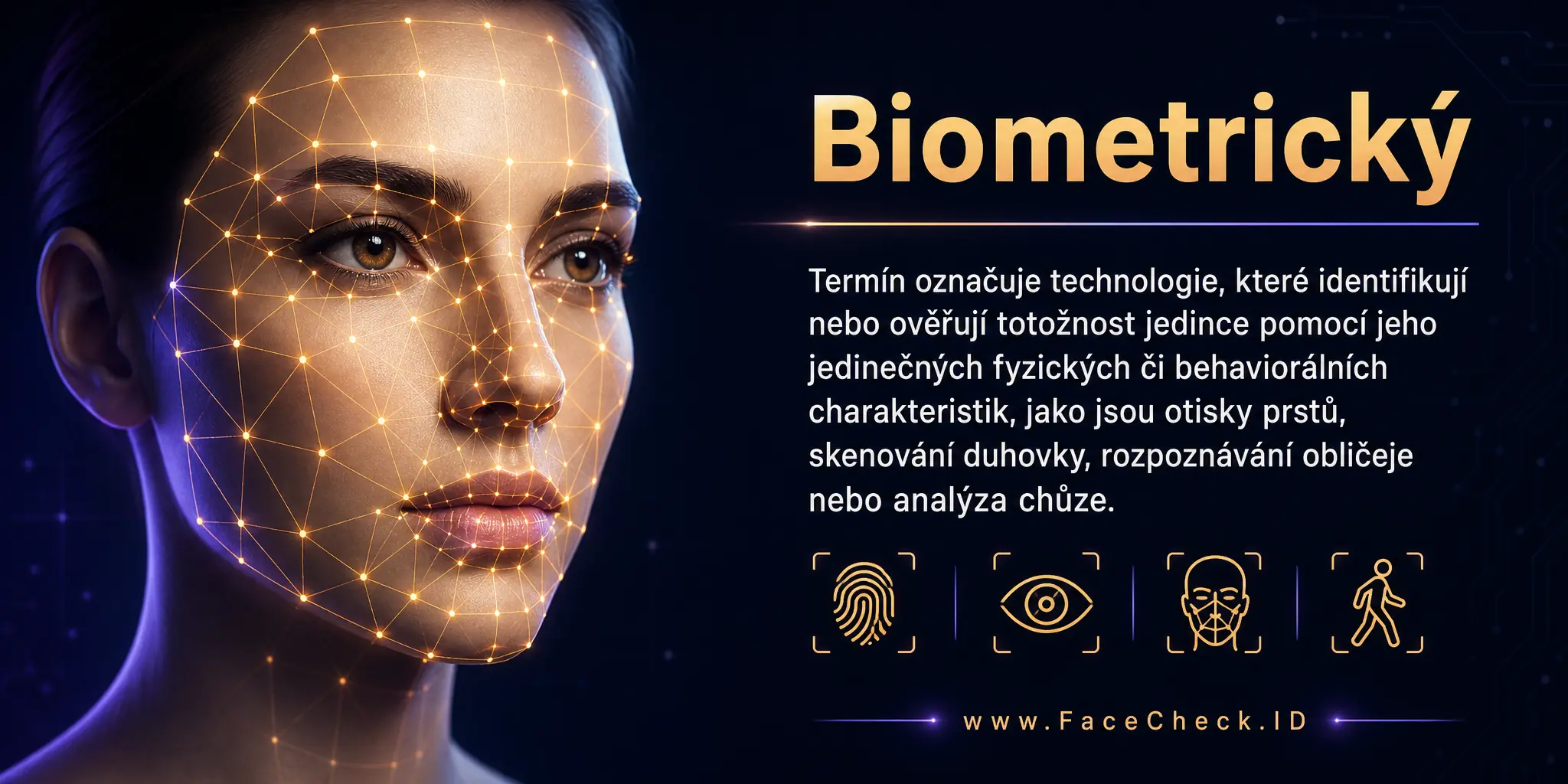 Biometrický termín se vztahuje na technologie identifikující nebo ověřující totožnost jednotlivce pomocí jeho unikátních fyzických nebo behaviorálních charakteristik, jako jsou otisky prstů, skenování duhovky, rozpoznávání obličeje nebo analýza chůze.