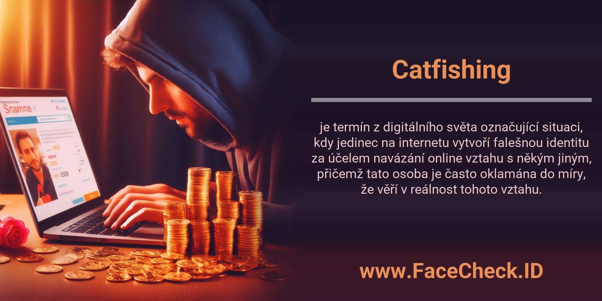 Catfishing je termín z digitálního světa označující situaci, kdy jedinec na internetu vytvoří falešnou identitu za účelem navázání online vztahu s někým jiným, přičemž tato osoba je často oklamána do míry, že věří v reálnost tohoto vztahu.