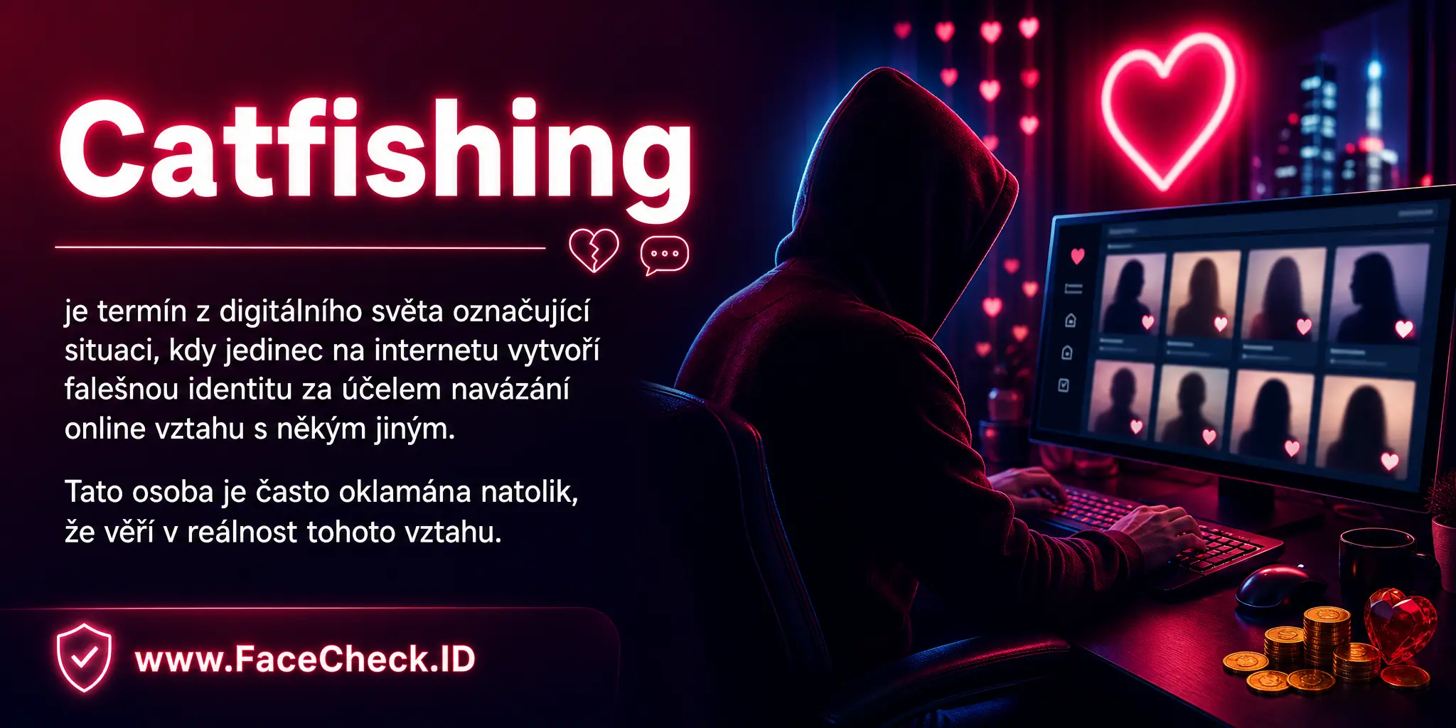 Catfishing je termín z digitálního světa označující situaci, kdy jedinec na internetu vytvoří falešnou identitu za účelem navázání online vztahu s někým jiným, přičemž tato osoba je často oklamána do míry, že věří v reálnost tohoto vztahu.
