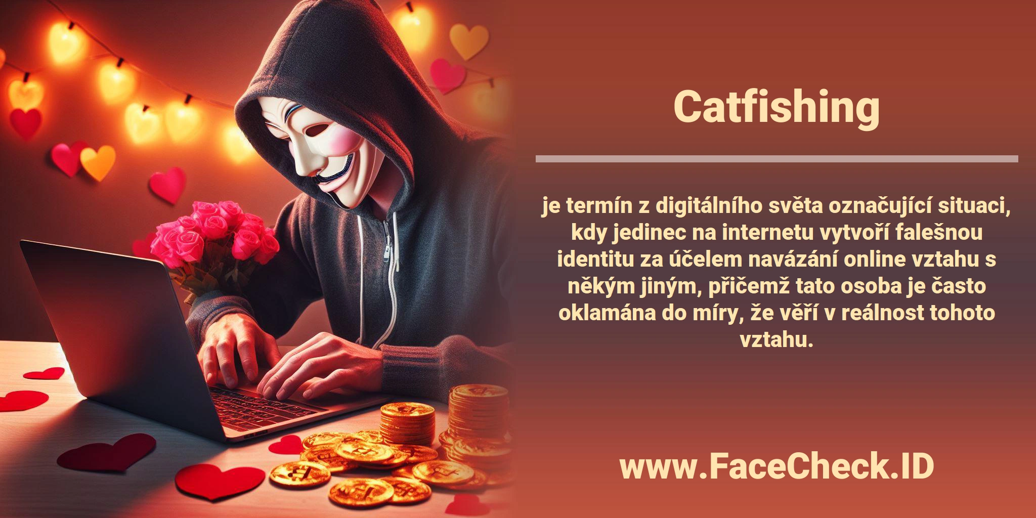 <b>Catfishing</b> je termín z digitálního světa označující situaci, kdy jedinec na internetu vytvoří falešnou identitu za účelem navázání online vztahu s někým jiným, přičemž tato osoba je často oklamána do míry, že věří v reálnost tohoto vztahu.