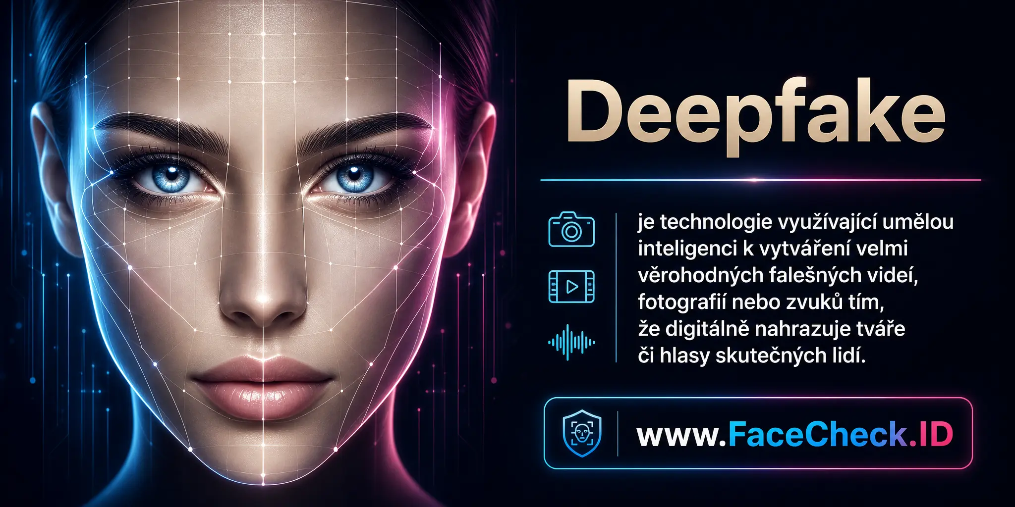 Deepfake je technologie využívající umělou inteligenci k vytváření velmi věrohodných falešných videí, fotografií nebo zvuků tím, že digitálně nahrazuje tváře či hlasy skutečných lidí.