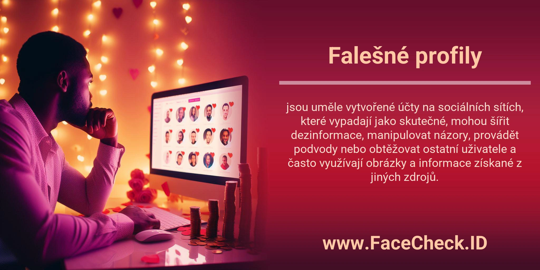 Falešné profily jsou uměle vytvořené účty na sociálních sítích, které vypadají jako skutečné, mohou šířit dezinformace, manipulovat názory, provádět podvody nebo obtěžovat ostatní uživatele a často využívají obrázky a informace získané z jiných zdrojů.